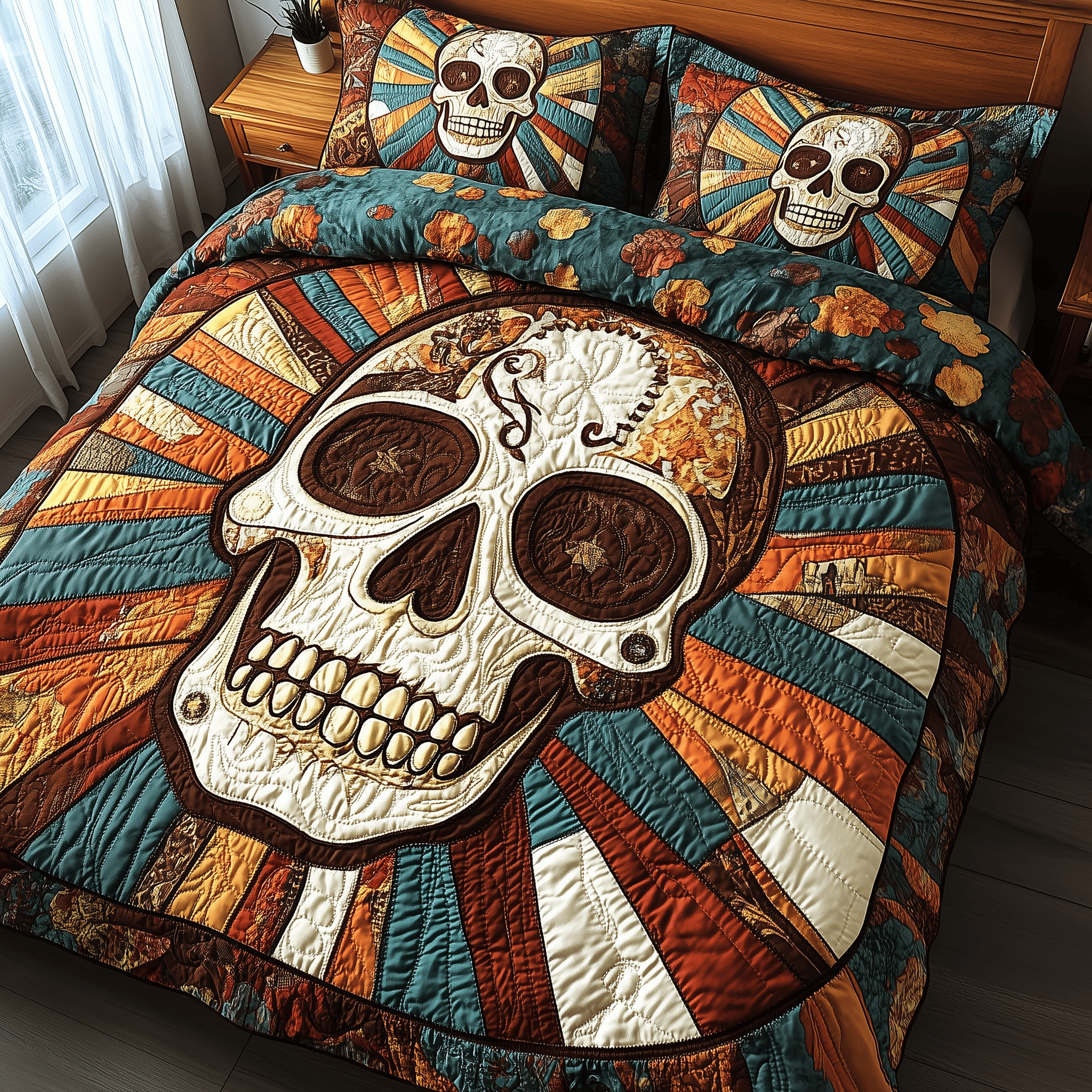 Sunshine Skull Quilted Bedding Set Best Father's Day Duvet Cover Set Skull Gifts For Women