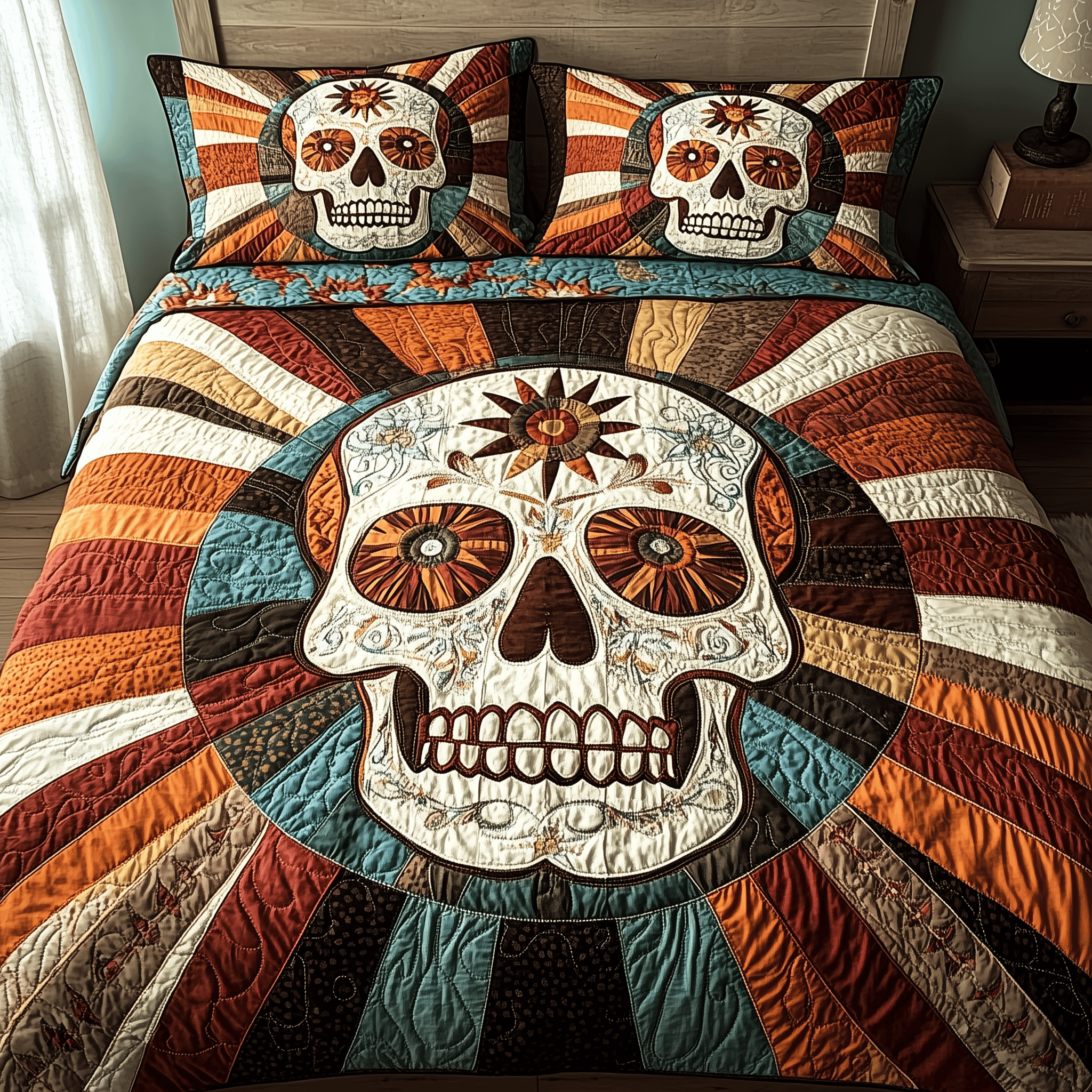 Sunshine Skull Quilted Bedding Set Best Father's Day Duvet Cover Set Skull Stuff For Guys