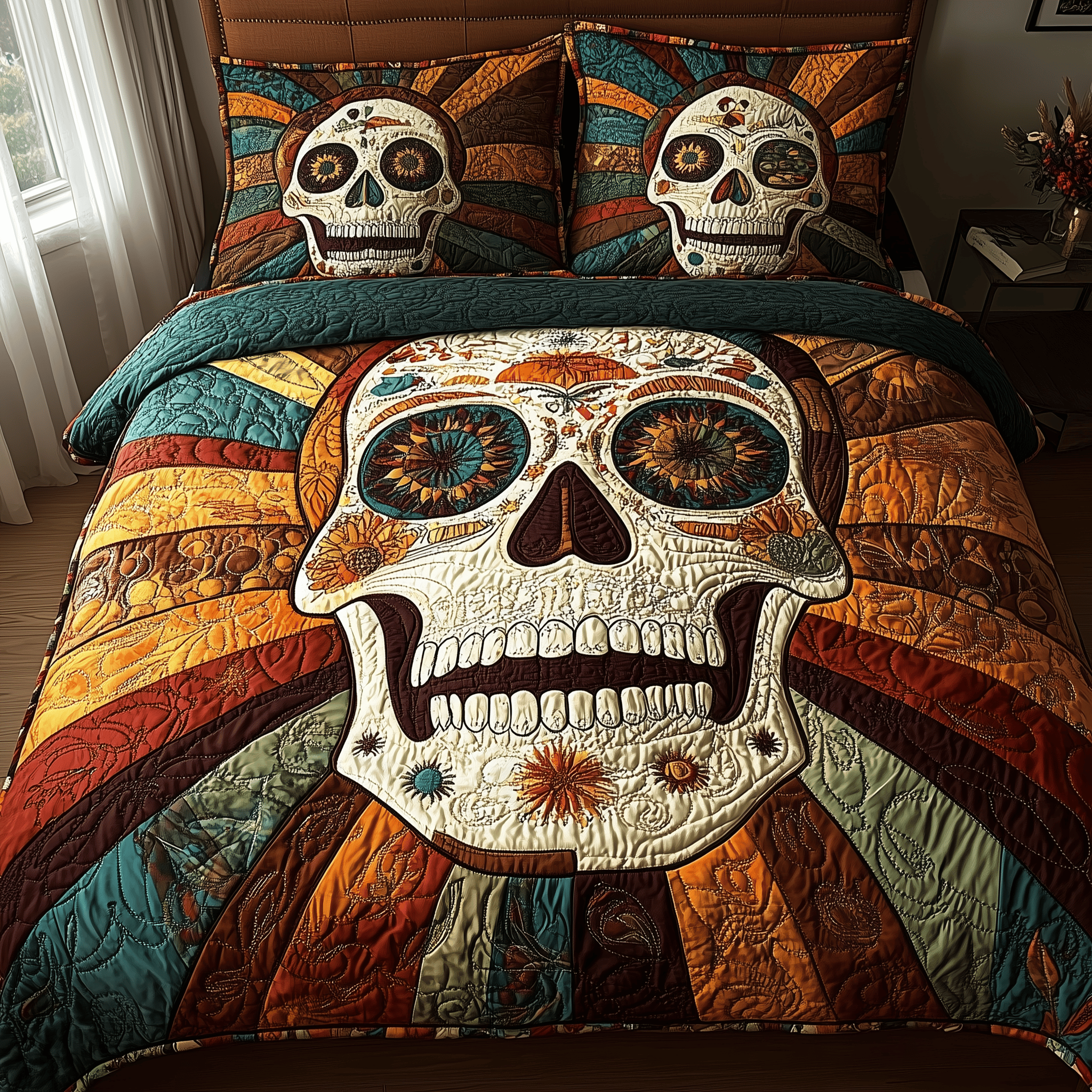 Sunshine Skull Quilted Bedding Set Good Holiday Duvet Cover Set Cool Skull Gifts For Her