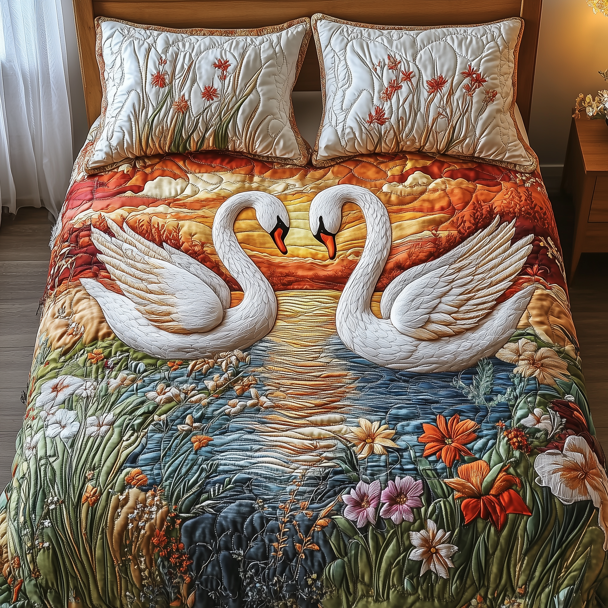 Swan Embrace Quilted Bedding Set Duvet Cover Bedspread Set Item Cool Gifts For Dad