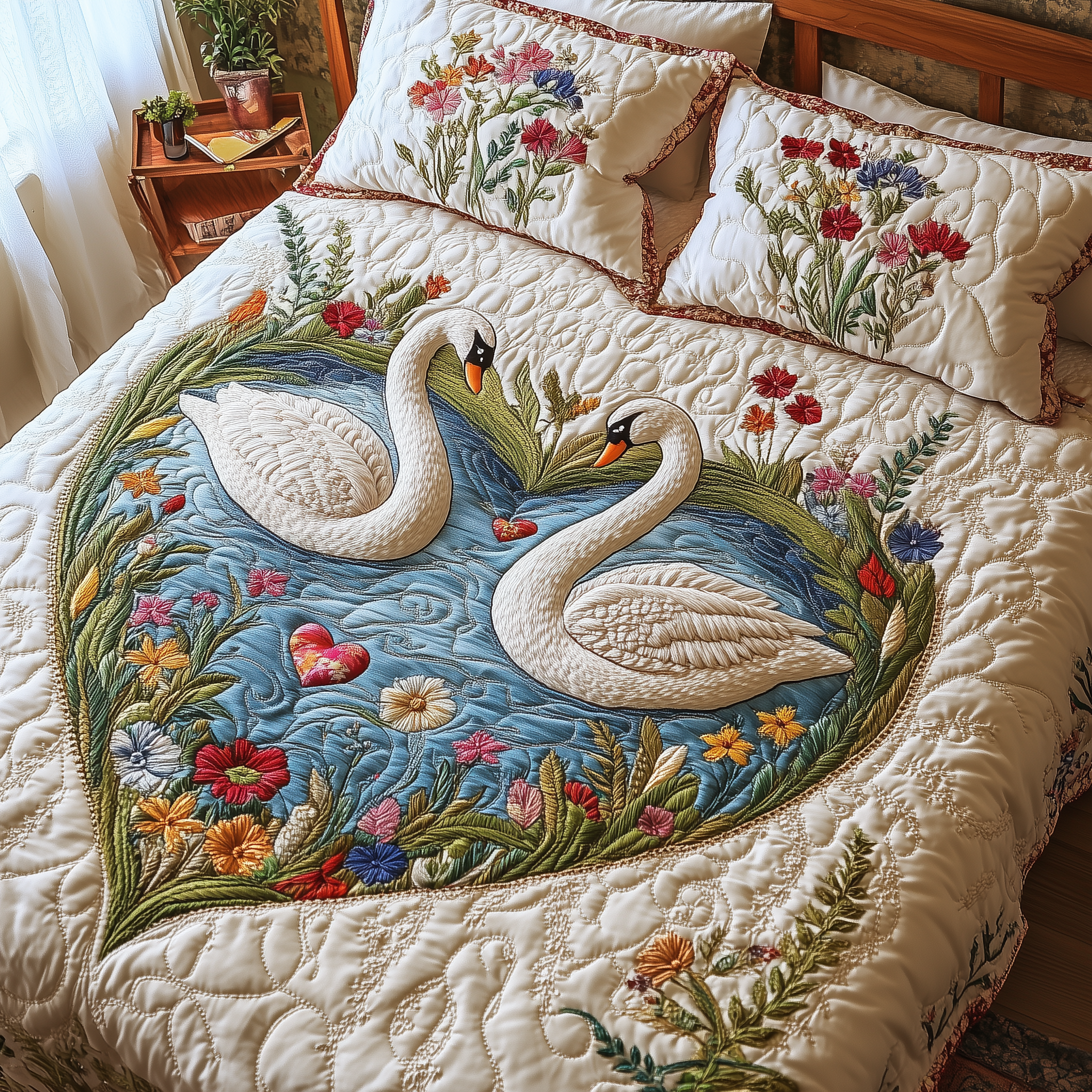 Swan Embrace Quilted Bedding Set Duvet Cover Bedspread Set Item Good Gifts For Dads