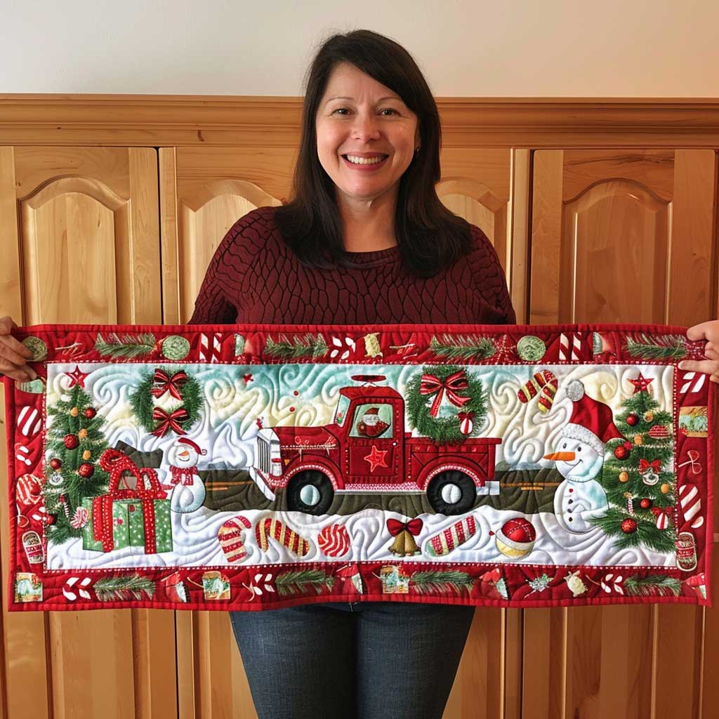 Sweet Christmas Riding Quilted Table Runner Holiday Christmas Table Indoor Home Decorations Presents