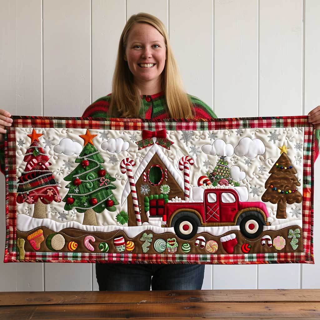 Sweet Christmas Truck Quilted Table Runner Holiday Christmas Table Indoor Home Decorations Presents