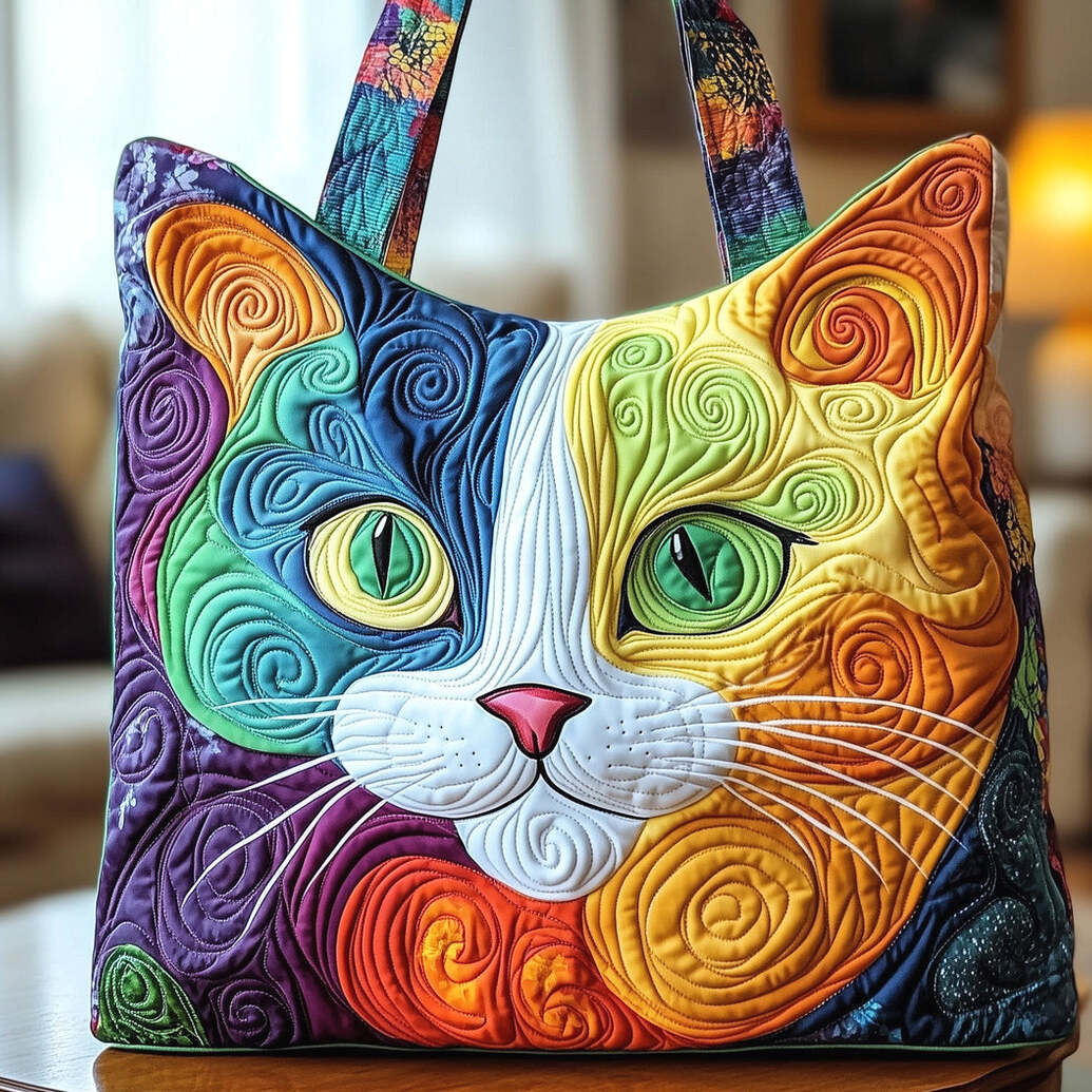 Swirly Cat Colorful Quilted Tote Bag Gifts For Cat Lovers Birthday Gifts For Besties