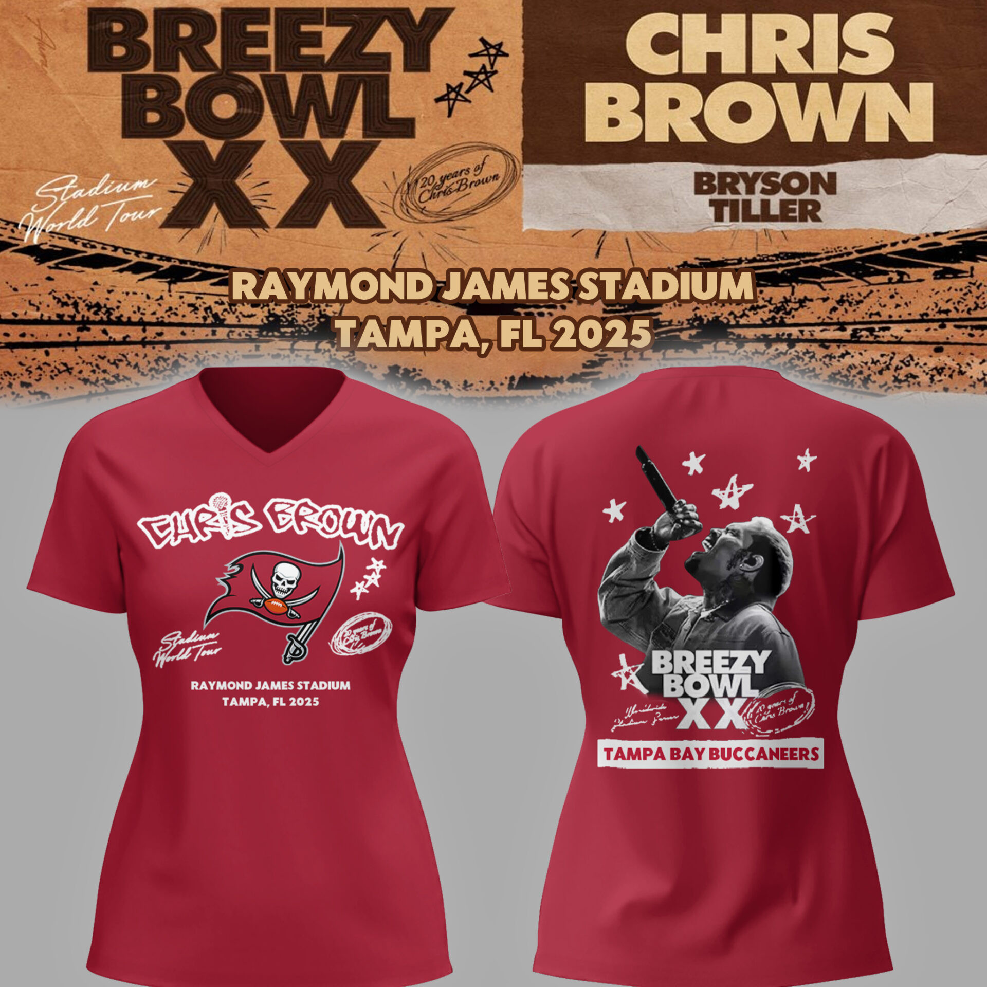 Tampa Bay Buccaneers x Chris Brown Breezy Bowl XX Tour 2025 V-Neck Shirt Gift for Her