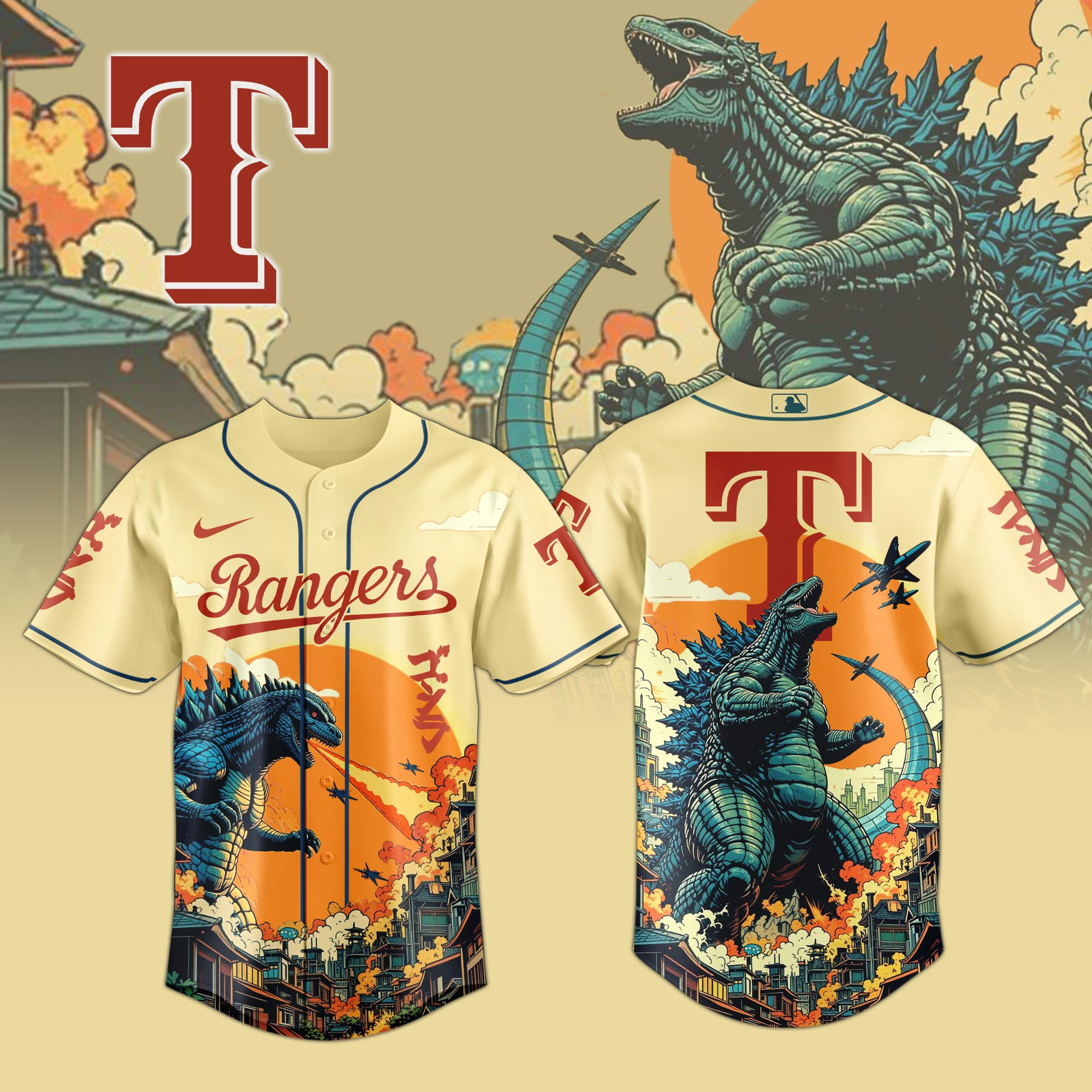 Texas Rangers Mlb X Godzilla New Baseball Jersey For Fans