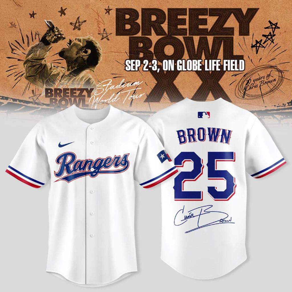 Texas Rangers X Chris Brown Breezy Bowl 2025 Jersey Texas Rangers Merch Gifts For Fans