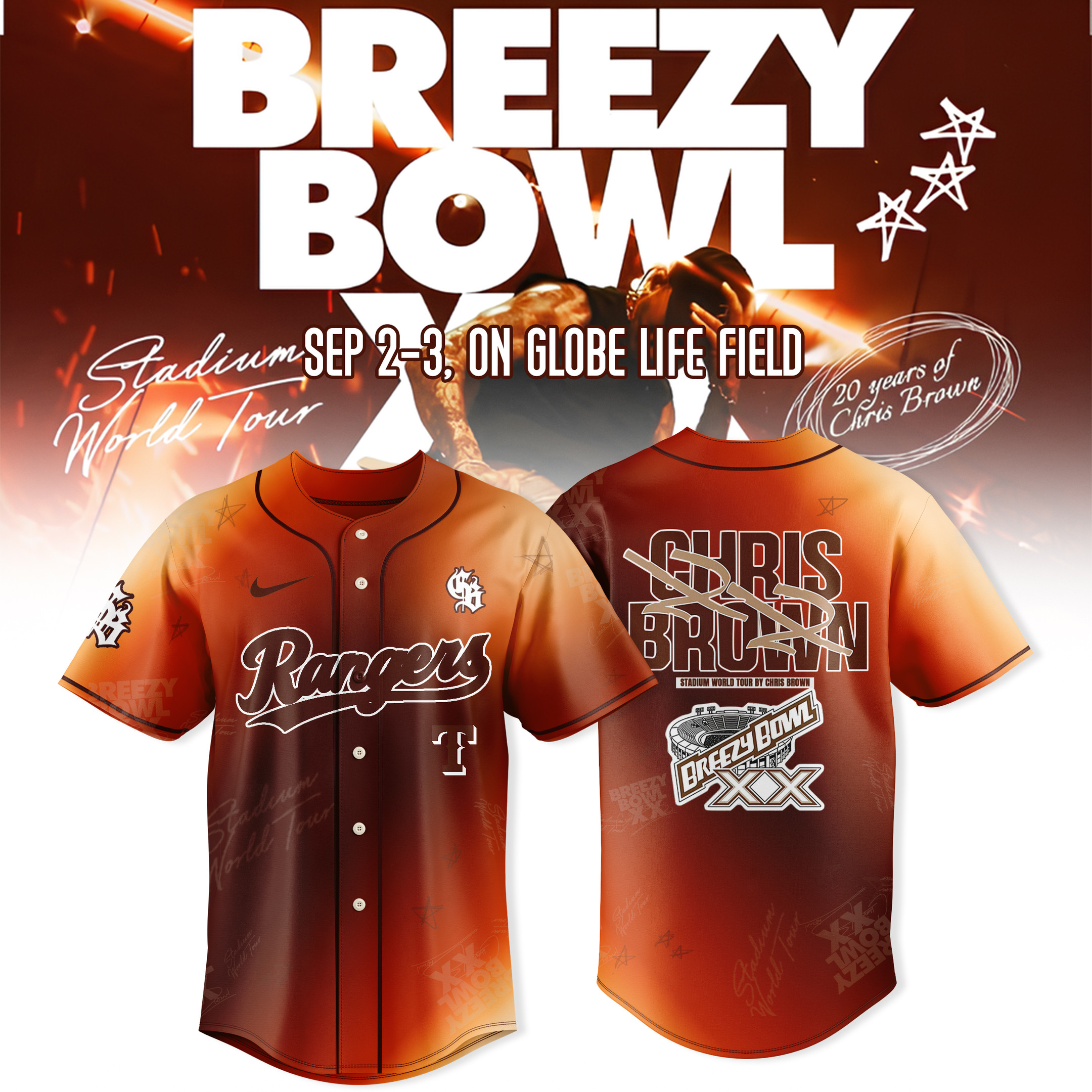 Texas Rangers X Chris Brown Jersey Breezy Bowl Xx 2025 On Globe Life Field Fans Merch