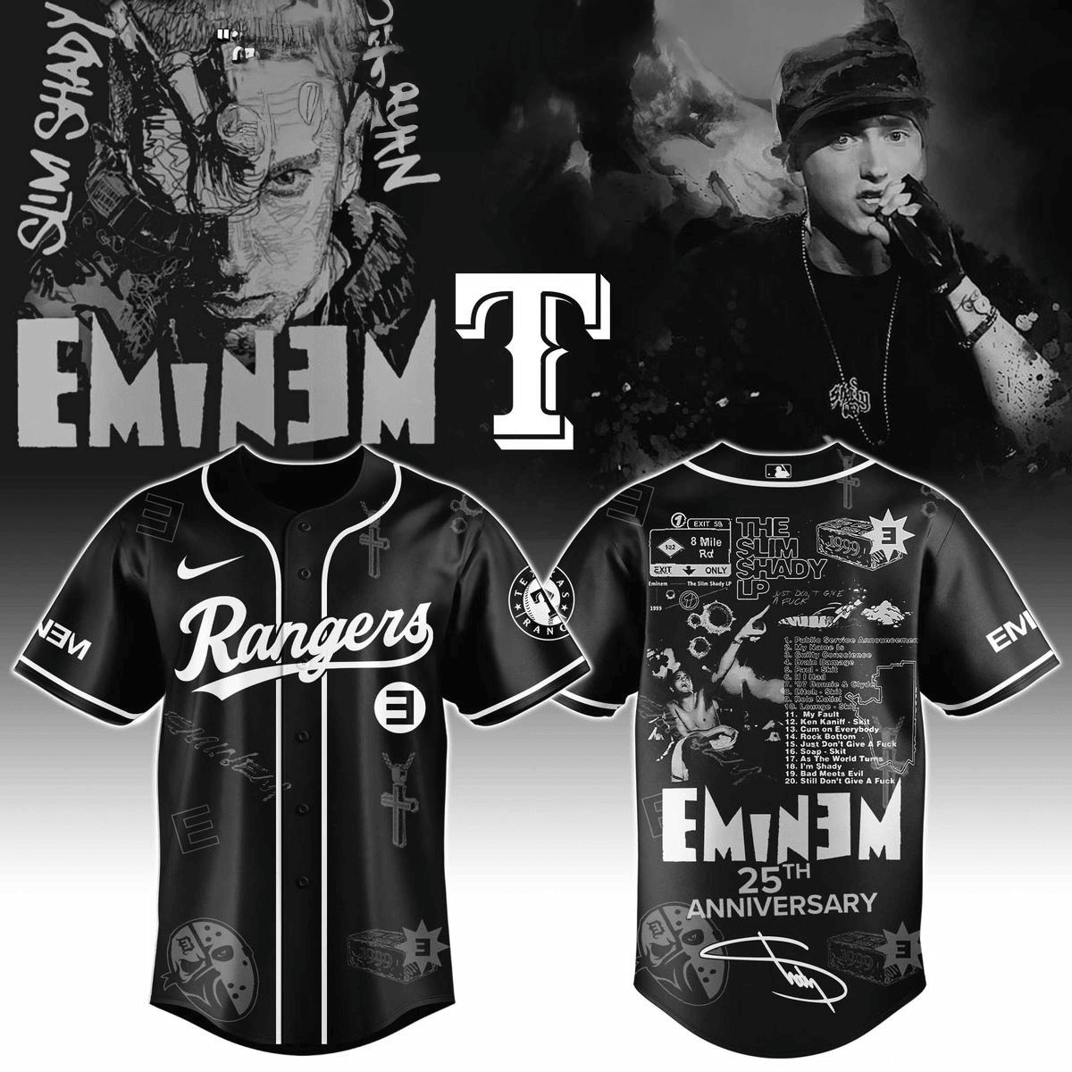 Texas Rangers X Eminem 25th Anniversary Of The Slim Shady Lp 2025 Jersey Rangers Merch