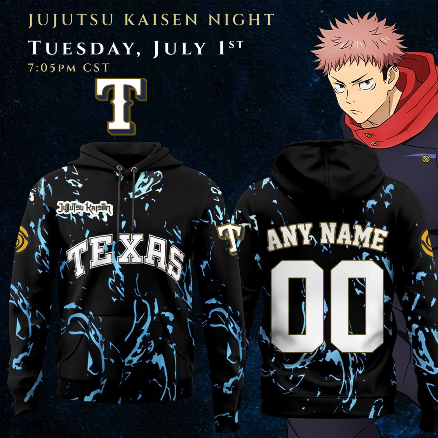 Texas Rangers X Jujutsu Kaisen Hoodie 2025 Custom Name Number Gift Ideas For Baseball Fans