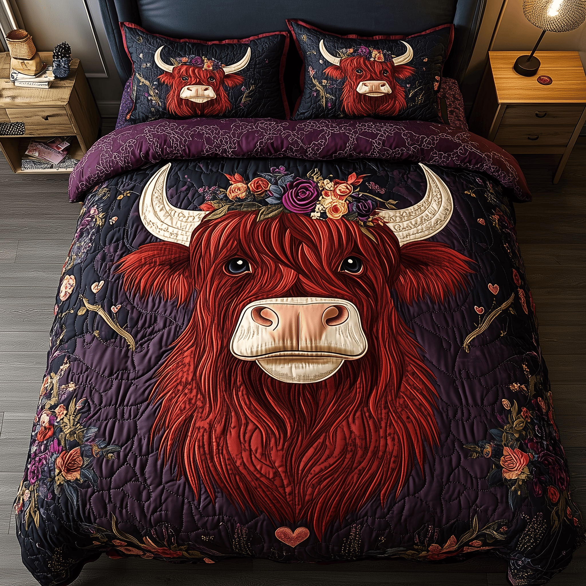 The Festive Cow Quilted Bedding Set Father's Day Duvet Cover Set Gifts For Highland Cow Lovers