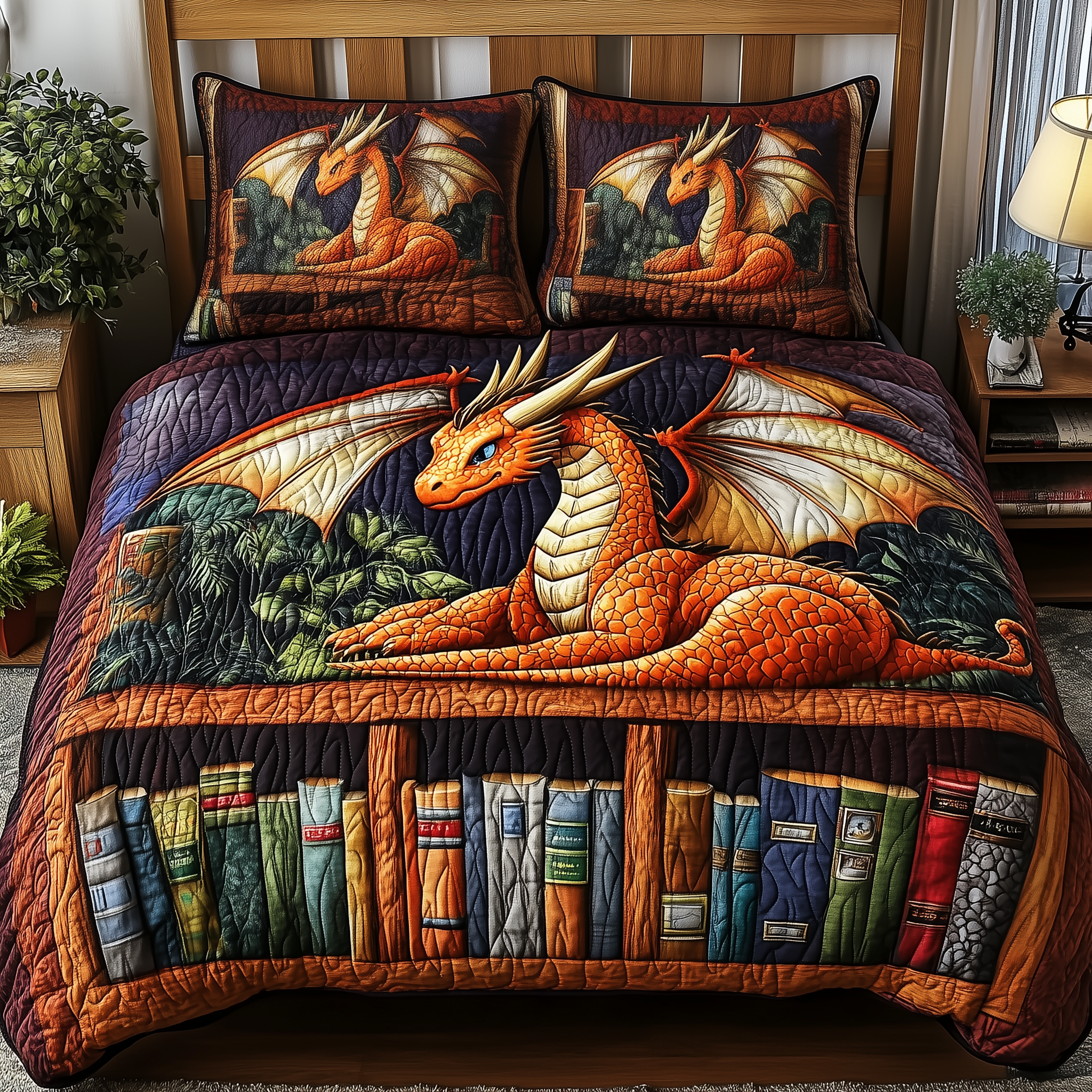 The Librarian Dragon Quilted Bedding Set Unique Valentines Duvet Cover Set Gifts For Dragonfly Lovers