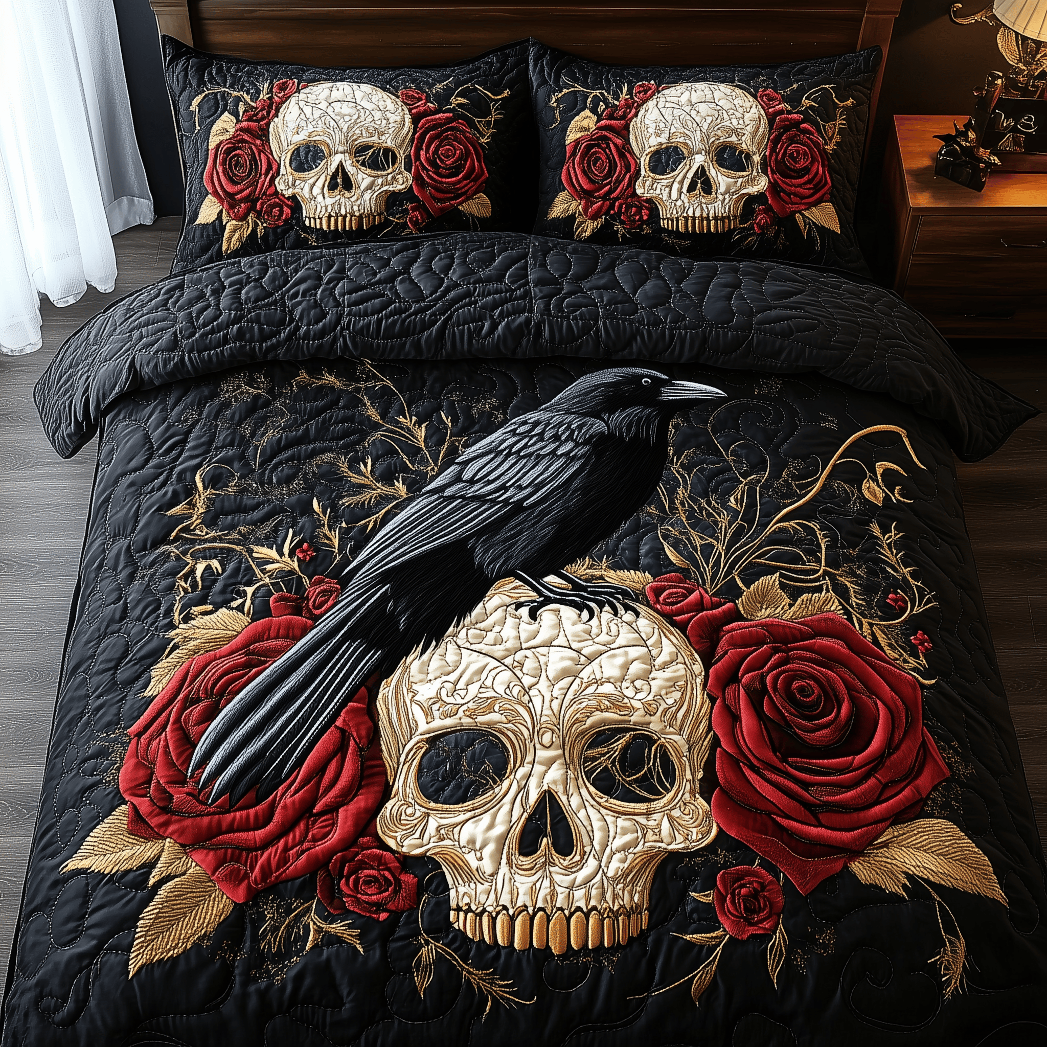 The Raven Dark Requiem Quilted Bedding Set Duvet Cover Bedspread Set Merch Father Son Gifts