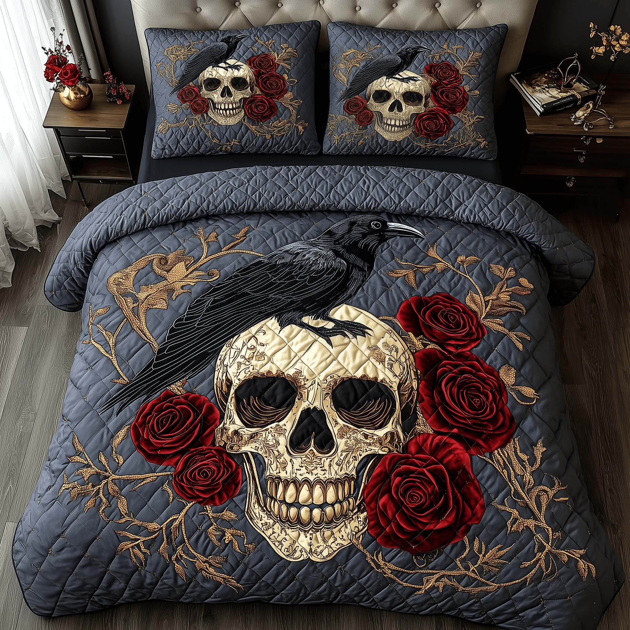The Raven Dark Requiem Quilted Bedding Set Duvet Cover Bedspread Set Merch Gift Ideas For Grown Son