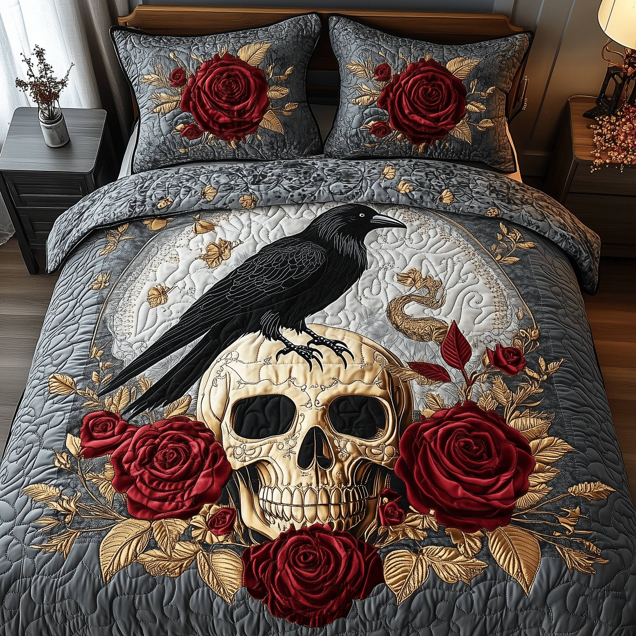 The Raven Dark Requiem Quilted Bedding Set Duvet Cover Bedspread Set Merch Gifts For Adult Son