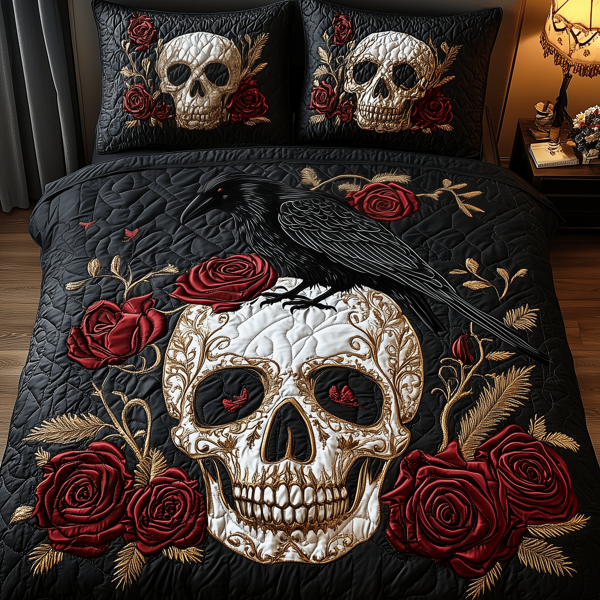 The Raven Dark Requiem Quilted Bedding Set Duvet Cover Bedspread Set Merch Gifts For Sons Girlfriend