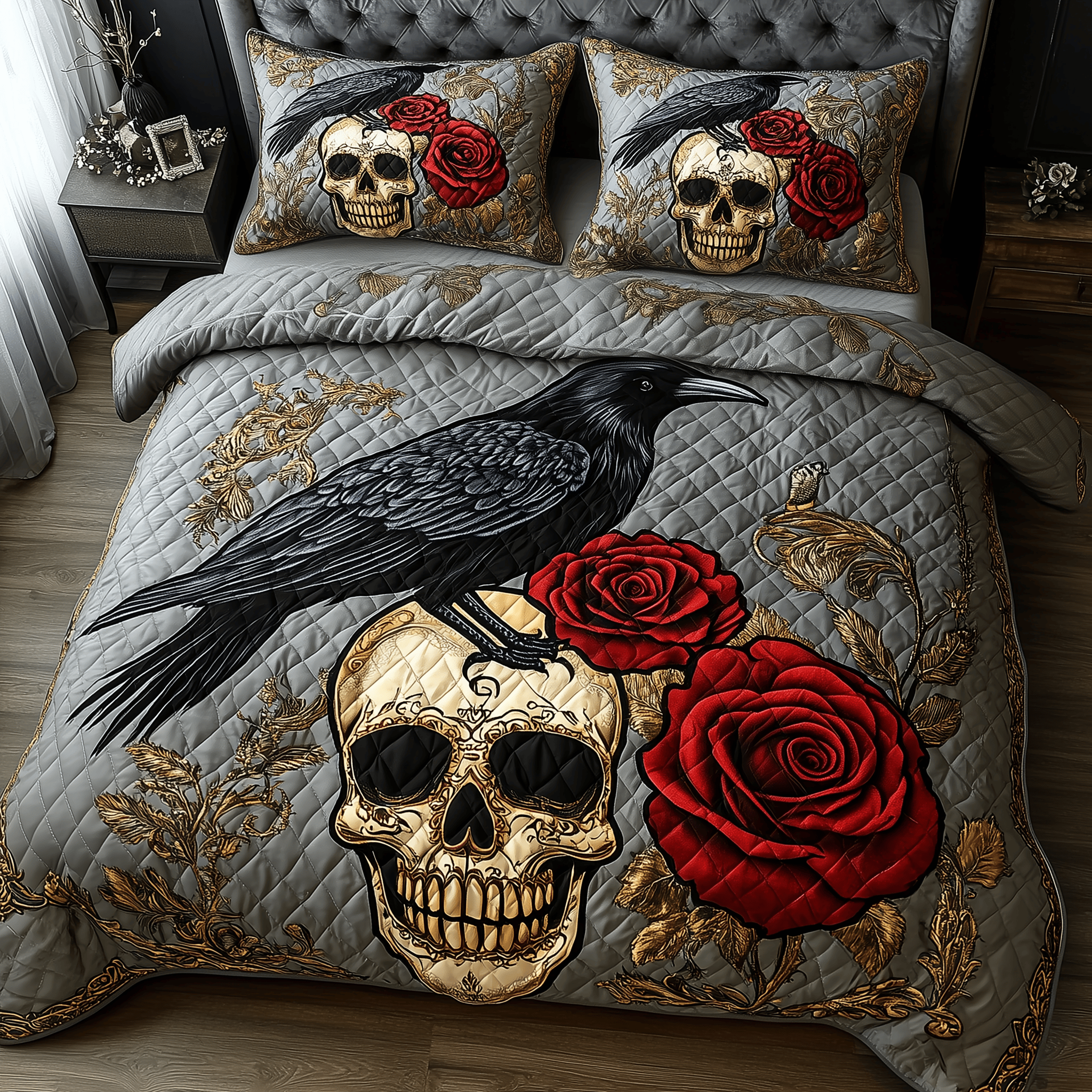 The Raven Dark Requiem Quilted Bedding Set Duvet Cover Bedspread Set Merch Son To Mother Gifts