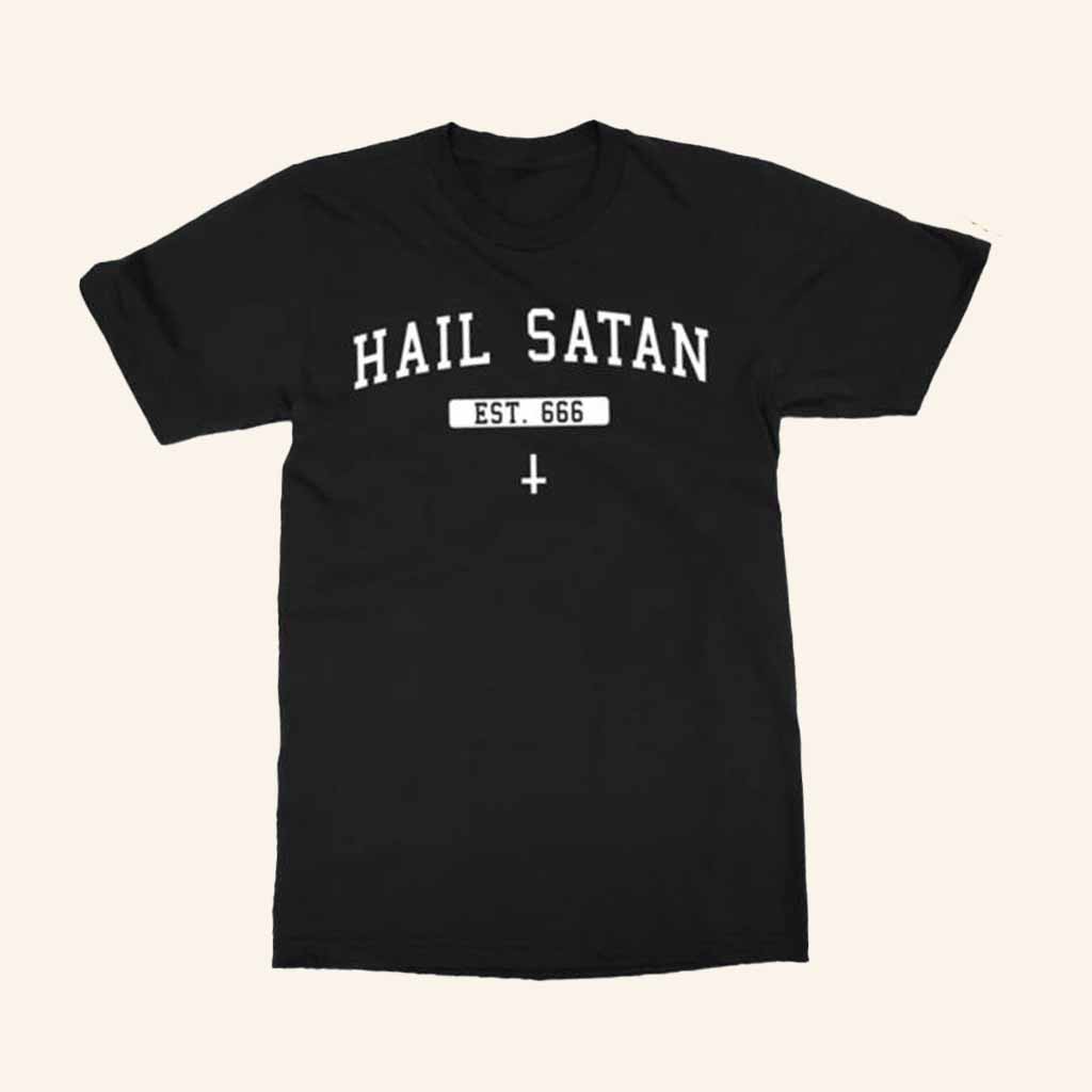The Satanic Temple Merch Hail Satan White On Black T-Shirt Gifts For Him