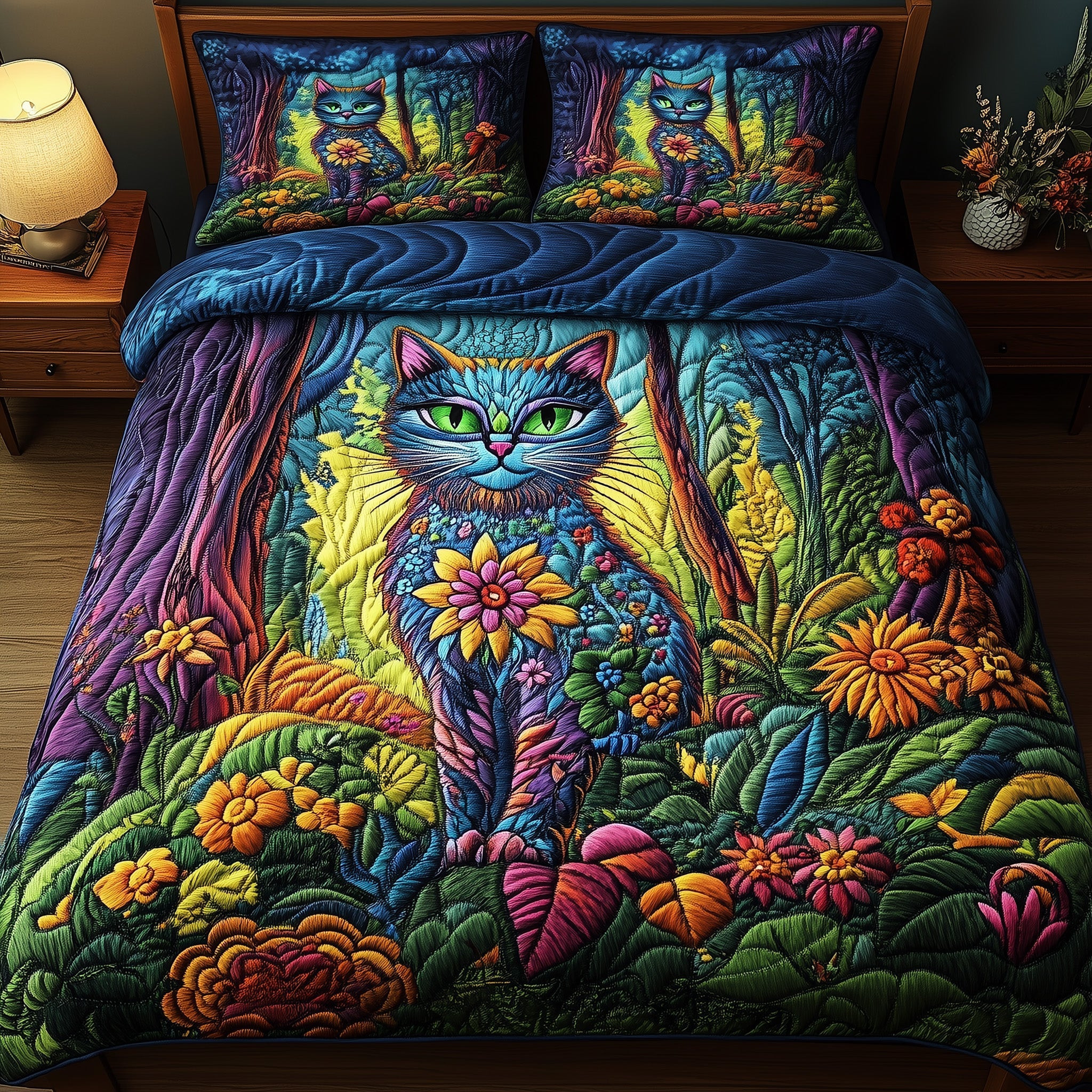 The Woodland Prowler Quilted Bedding Set Duvet Cover Bedspread Set Item Unique Gifts For Cat Lovers