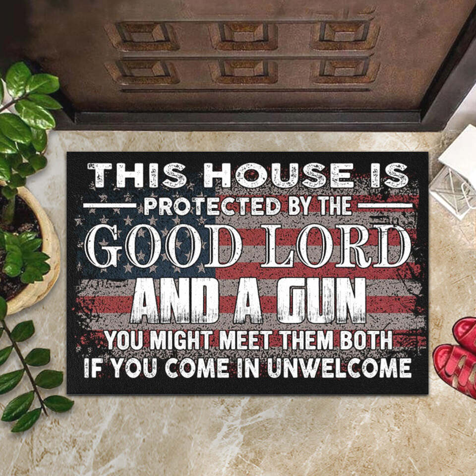 This House Is Protected By The Good Lord And A Gun Doormat Funny Front Door Mats Decor Gift
