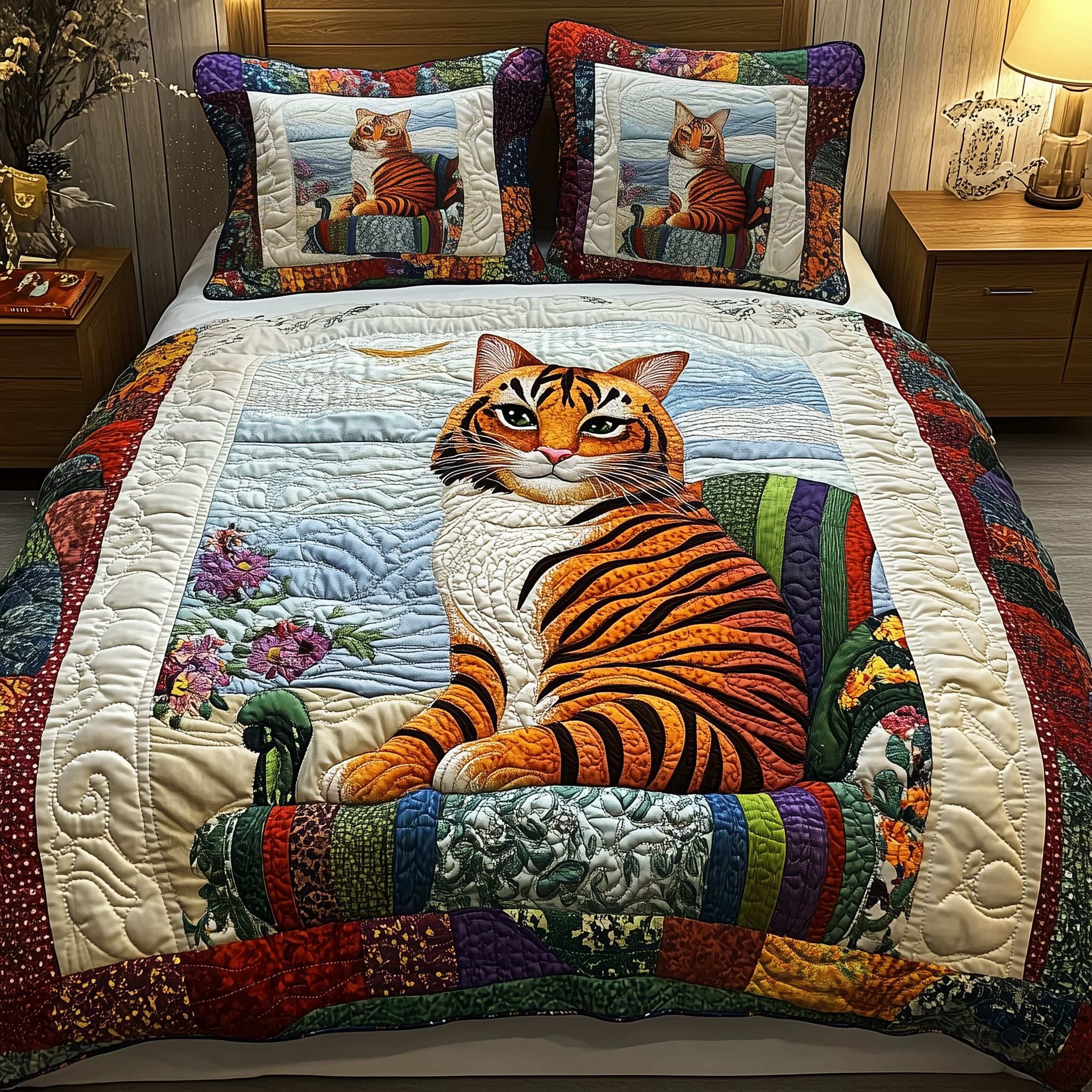 Tiger Cat Quilted Bedding Set Valentine'S Day Duvet Cover Set Gifts For People Who Like Cats
