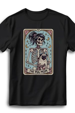 funny skeleton halloween pug mom tarot card witchy vibes t shirt uxl13