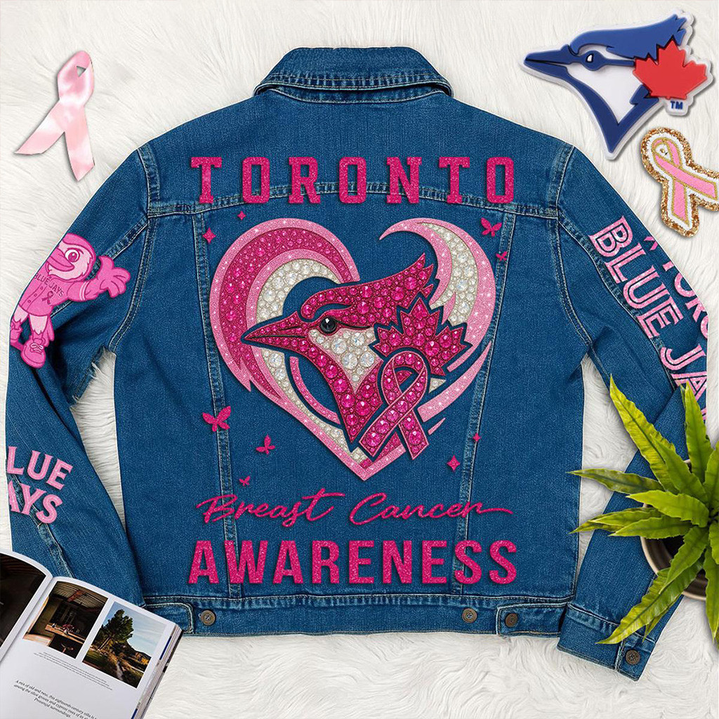 Toronto Blue Jays Breast Cancer Awareness Denim Jacket Toronto Blue Jays Merch Gift For Cancer