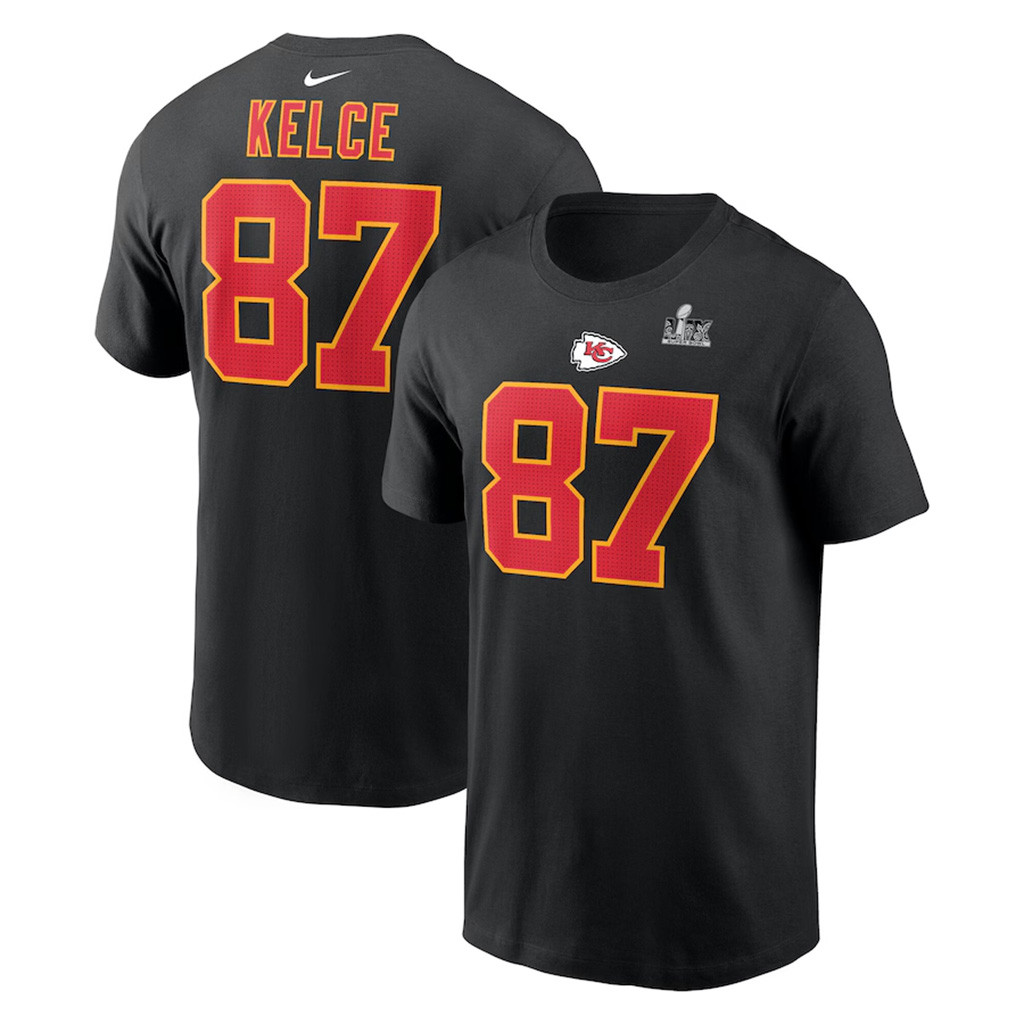 Travis Kelce Black Kansas City Chiefs Super Bowl LIX Name And Number T-Shirt Chiefs Merch