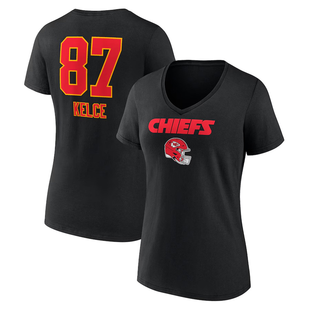 Travis Kelce Black Kansas City Chiefs Team Wordmark Player V-neck T-Shirt Women's Chiefs Merch