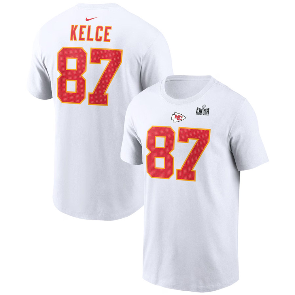 Travis Kelce White Kansas City Chiefs Super Bowl LVIII Patch Player T-Shirt Chiefs Merch
