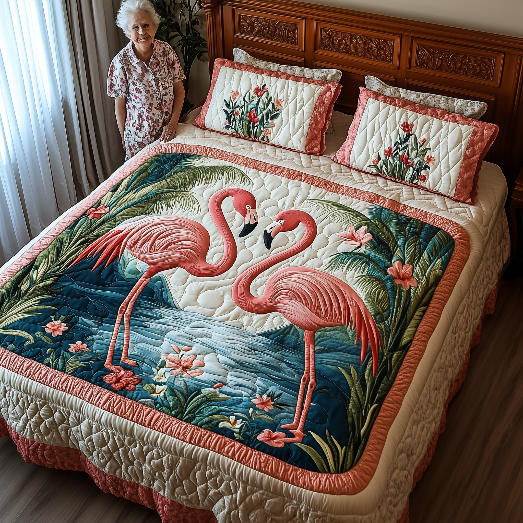 Tropical Flamingo Haven Quilted Bedding Set Happy Mother's Day Duvet Cover Flamingo Presents