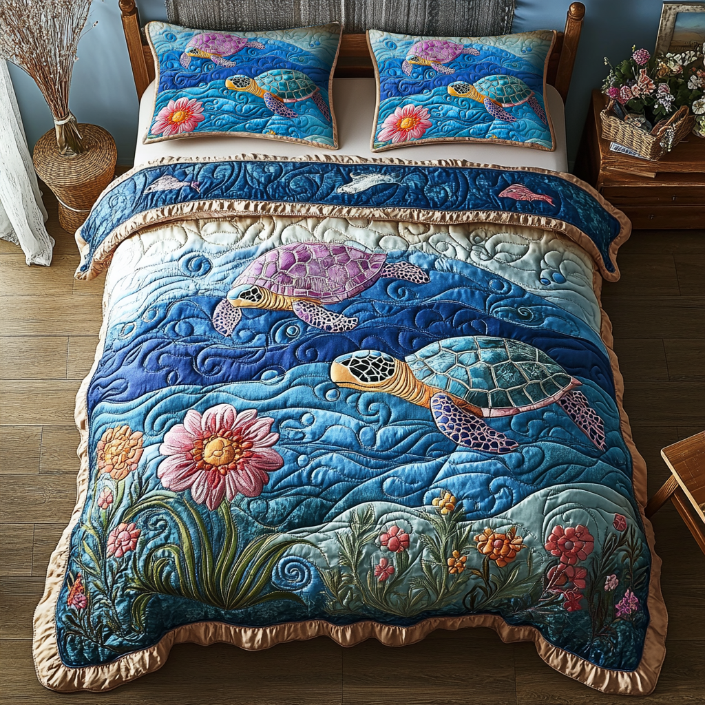 Turtle Quilted Bedding Set Awesome Duvet Cover Bedspread Set Unique Gifts For Turtle Lovers