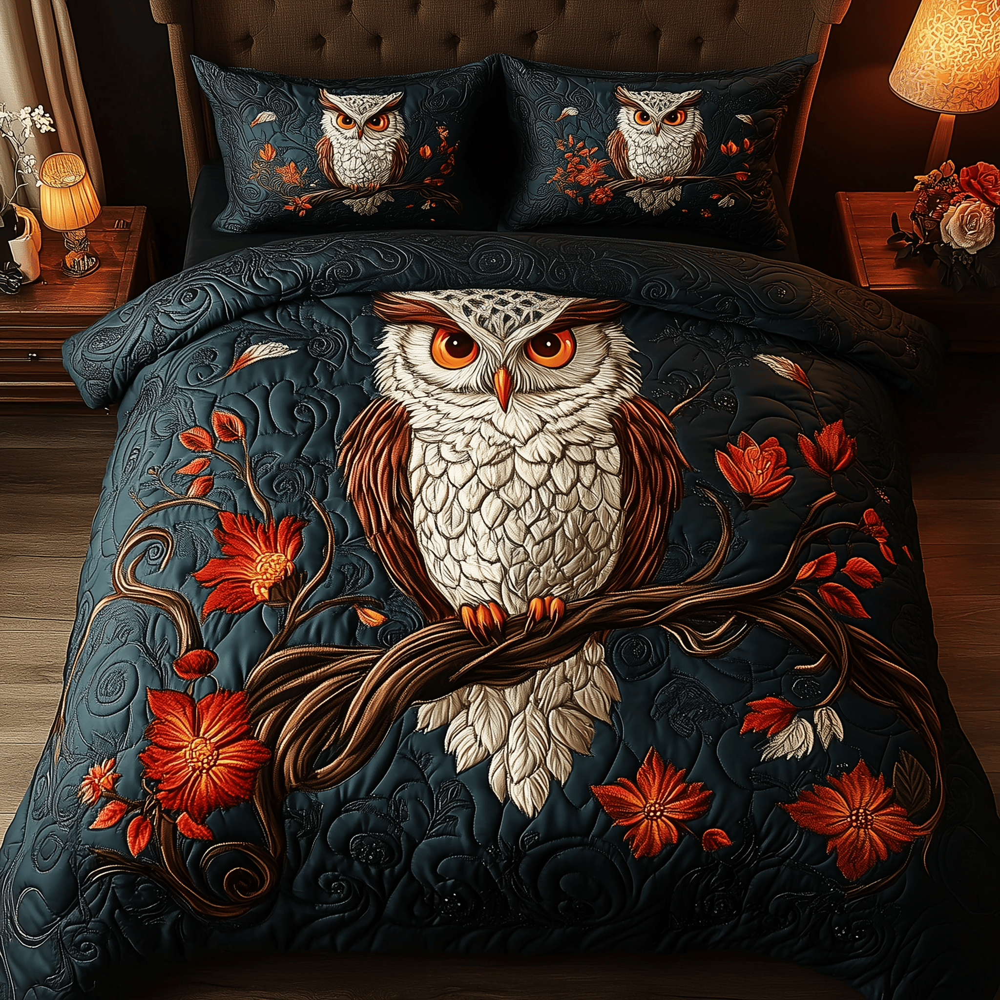 Twilight Bloom Perch Quilted Bedding Set Duvet Cover Bedspread Set Items Owl Present Ideas