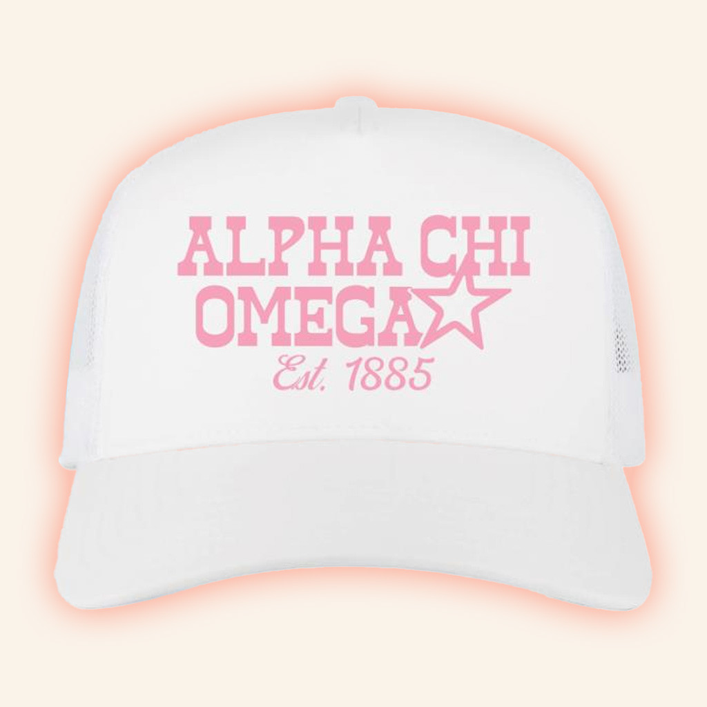 University Tees Merch Alpha Chi Omega Est 1885 Trucker Hat Gift Ideas For Her