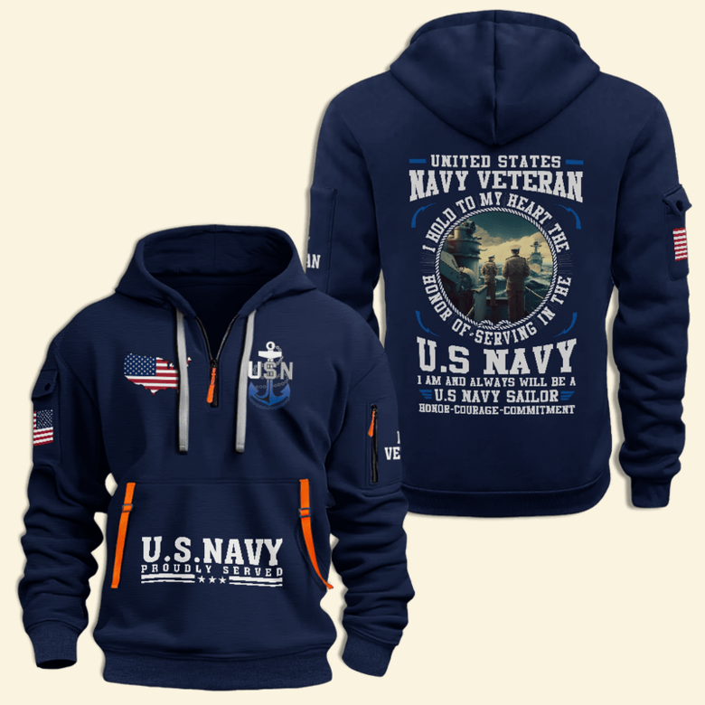 US Navy Proudly Served Half Zip Hoodie USN Hoodie Gifts For Navy Veterans Birthday Gift Ideas