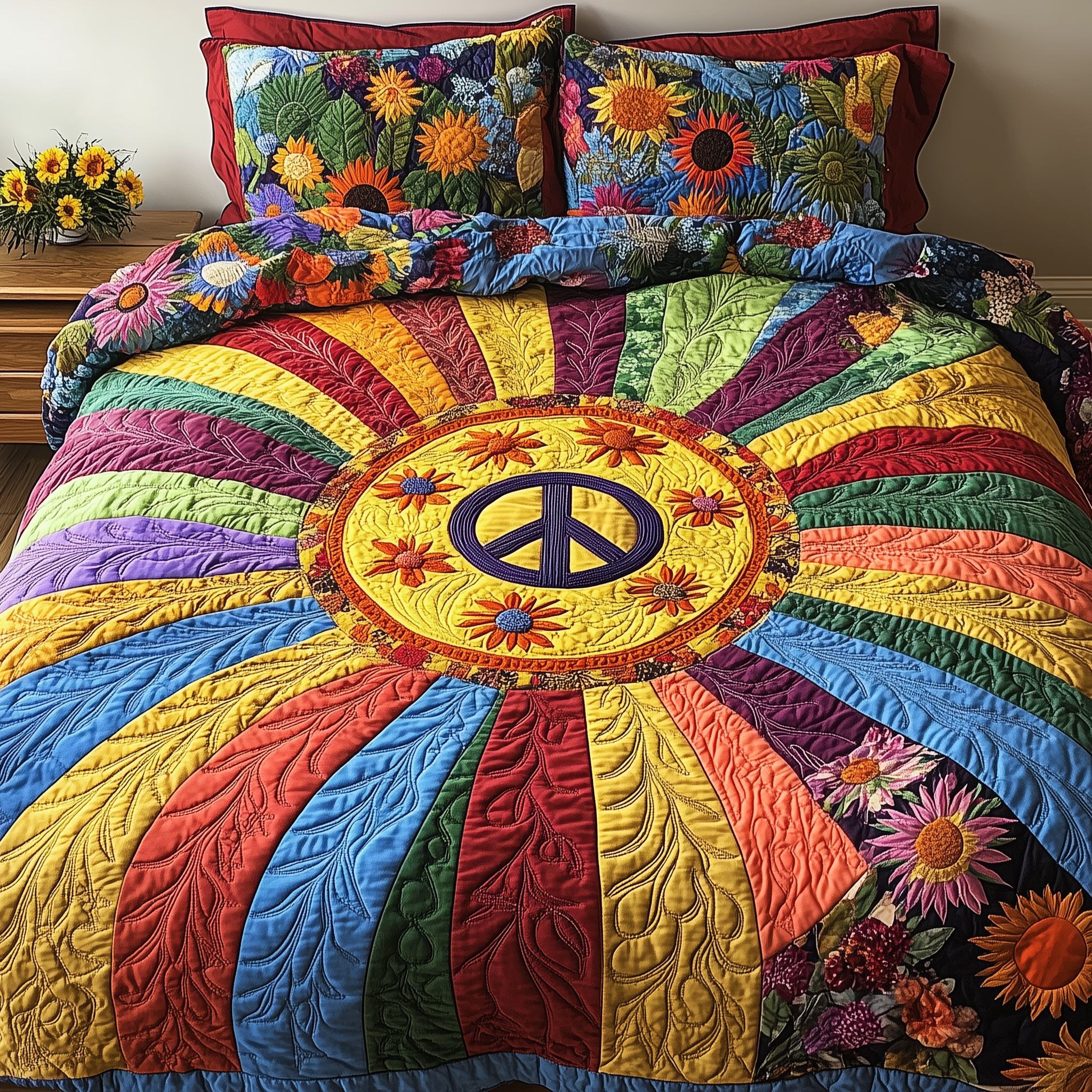 Vibrant Peace Quilted Bedding Set Duvet Cover Bedspread Set Item Luxury Gifts For Grandma