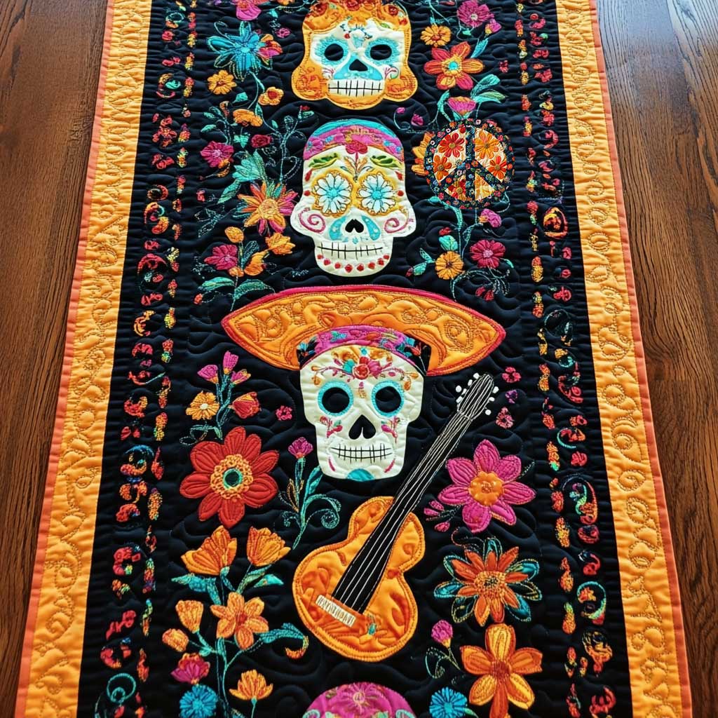 Vibrant Skull Melody Quilted Table Runner Decorations Merchandise Skull Christmas Gifts