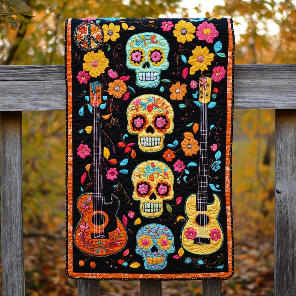 Vibrant Skull Melody Quilted Table Runner Decorations Merchandise Skull Christmas Gifts