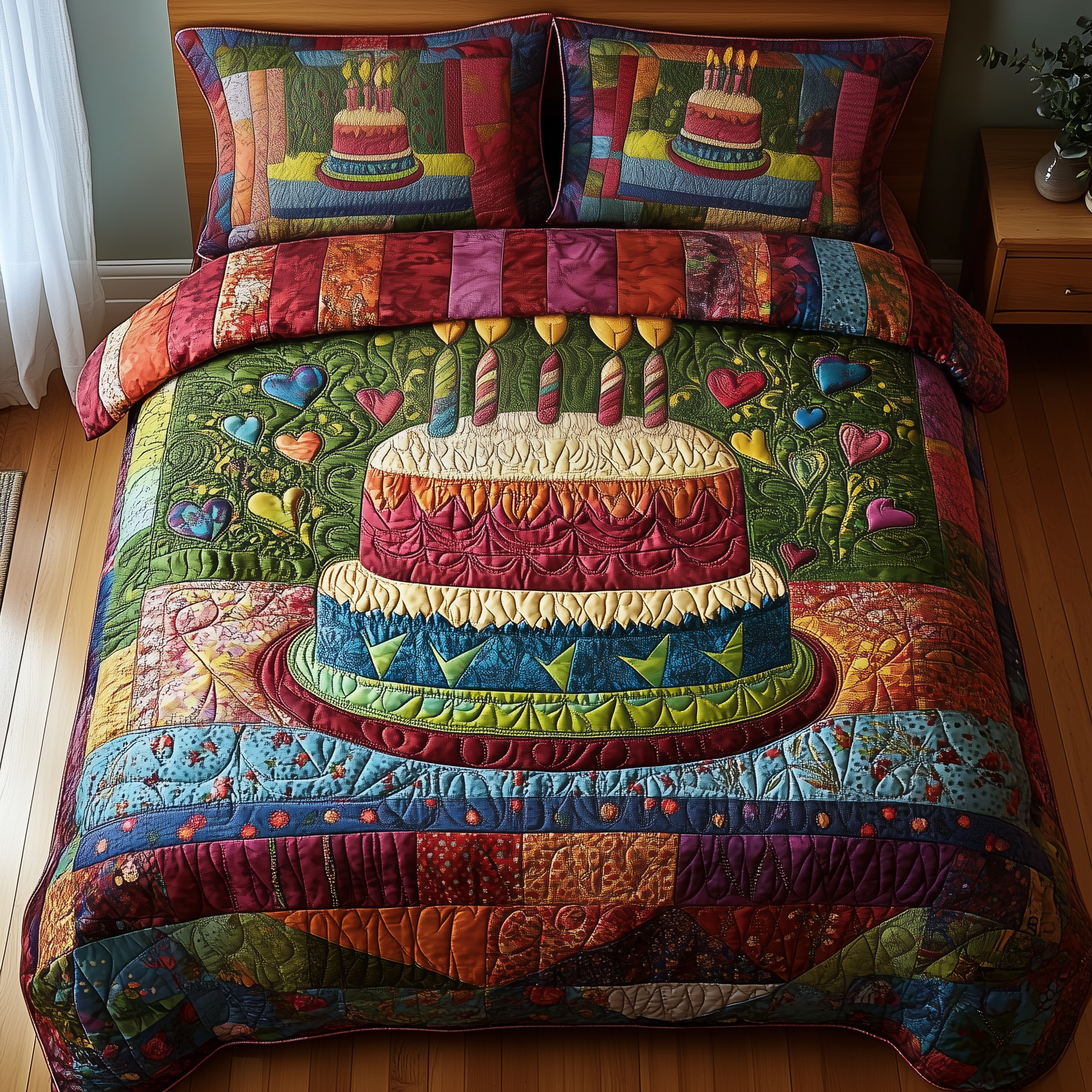 Vintage Birthday Cake Quilted Bedding Set Mother's Day Duvet Cover Set Gifts For Mum