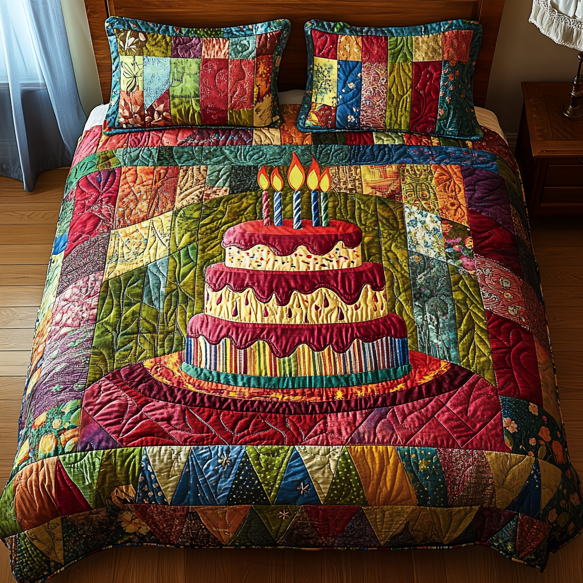 Vintage Birthday Cake Quilted Bedding Set Mother's Day Duvet Cover Set Presents For Mom