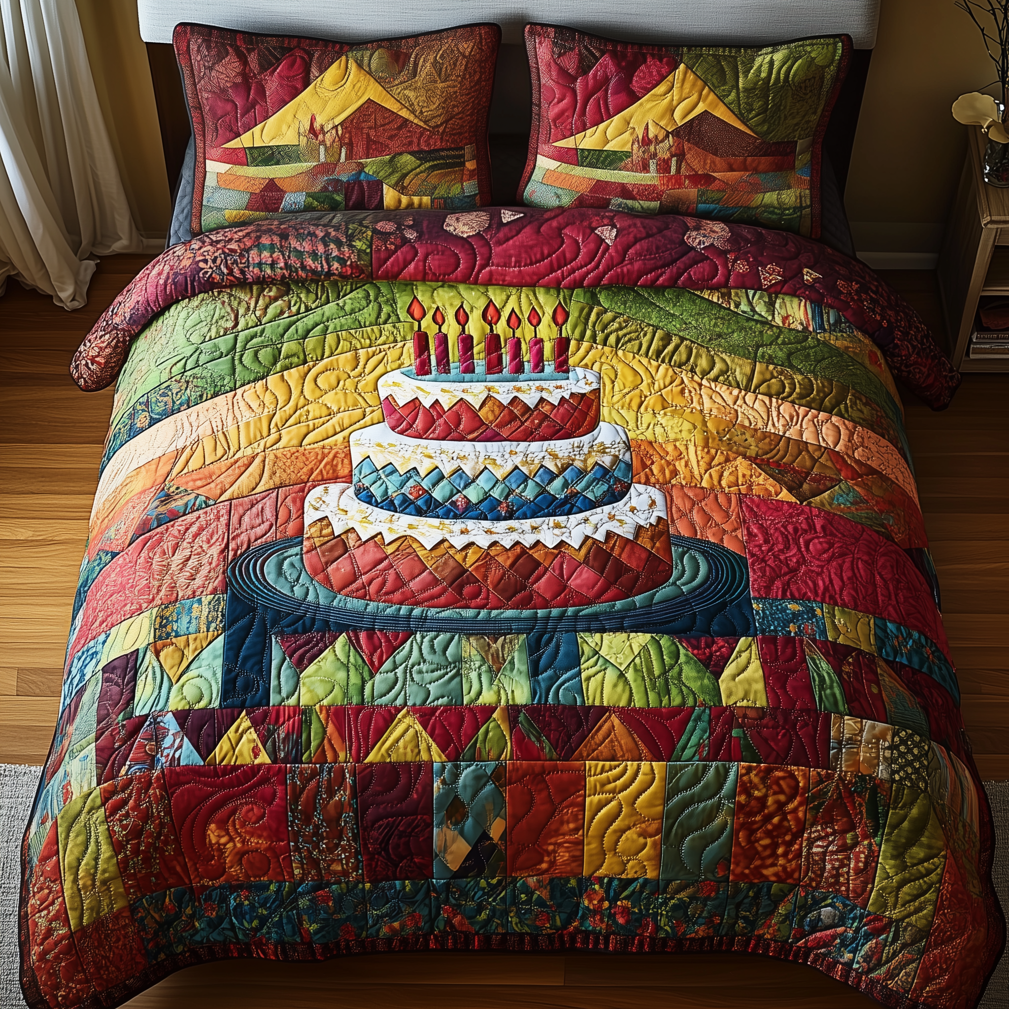 Vintage Birthday Cake Quilted Bedding Set Mother's Day Duvet Cover Set Presents For Mum