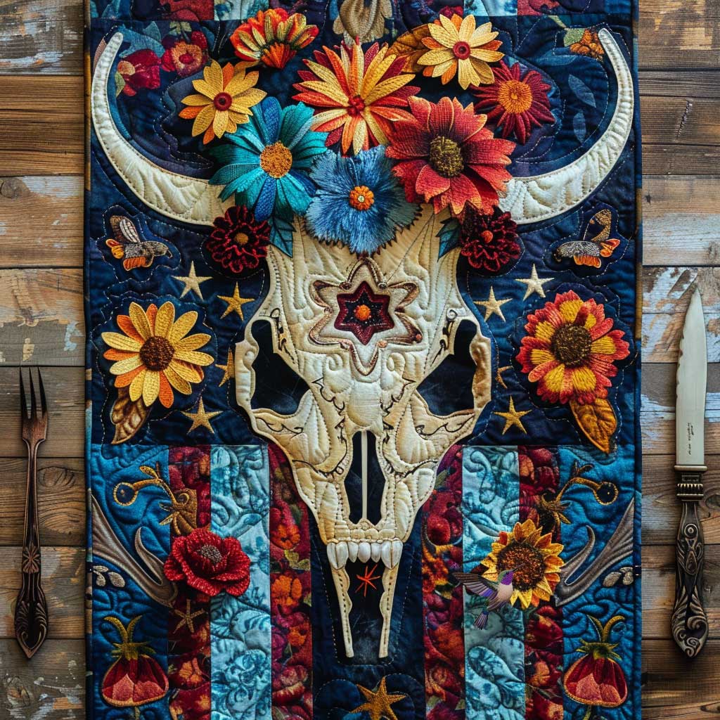 Vintage Bull Skull Quilted Table Runner Home Kitchen Decorations Unique Gifts For Skull Lovers