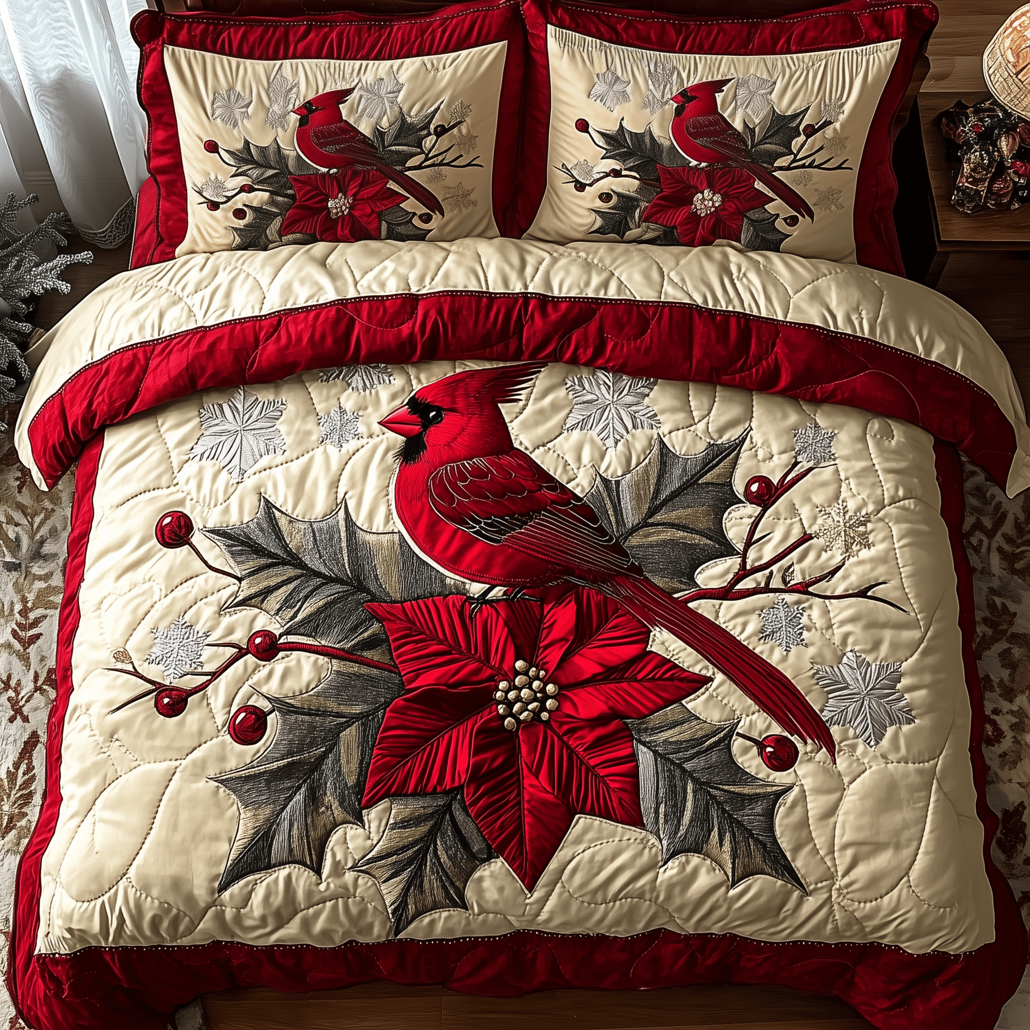 Vintage Cardinal Poinsettia Flower Quilted Bedding Set Cardinal Gift Items