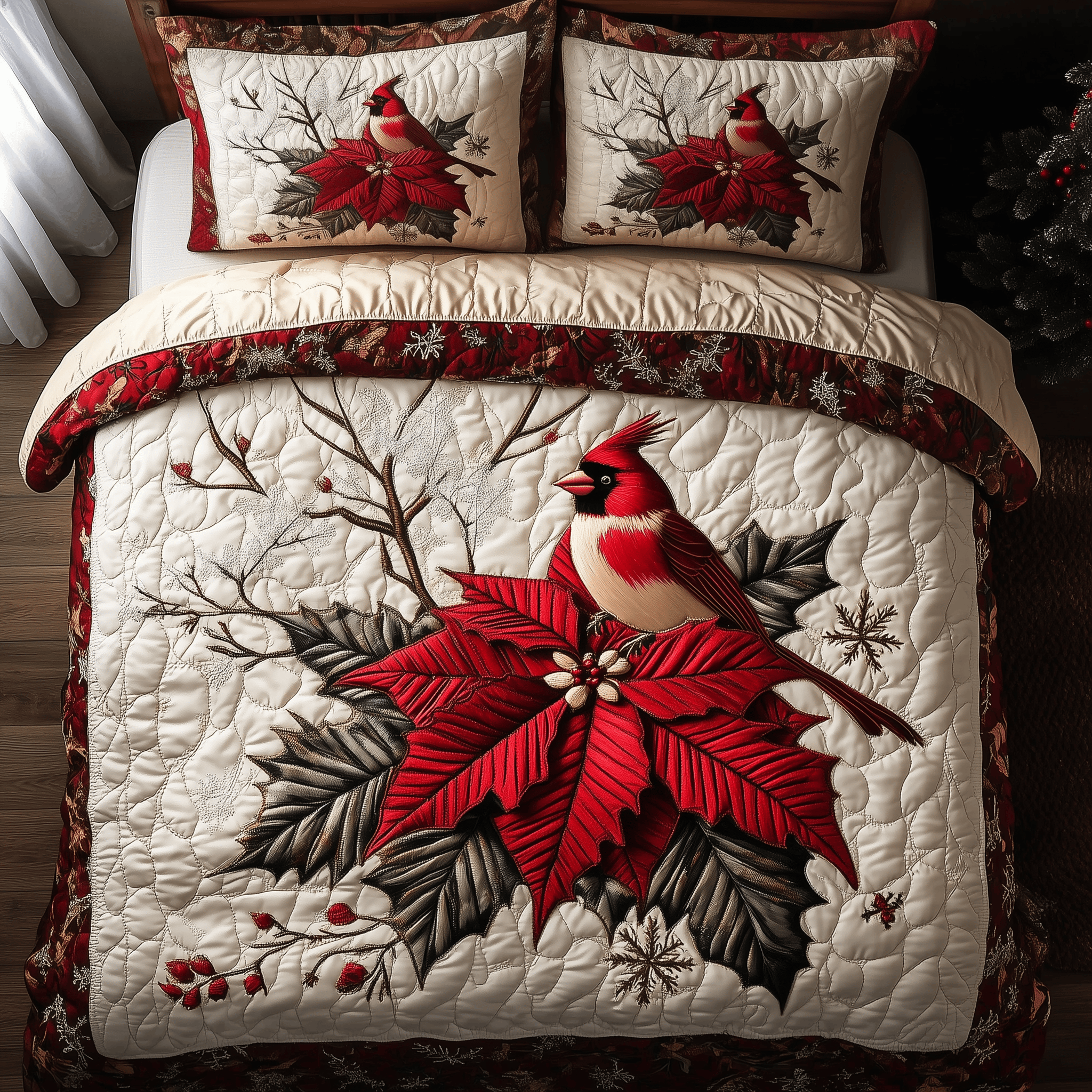 Vintage Cardinal Poinsettia Flower Quilted Bedding Set  Stay warm this winter Holiday Gifts For Employees