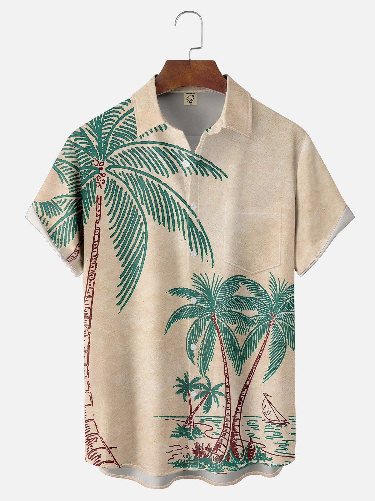 Vintage Classic Art Coconut Tree Chest Pocket Hawaiian Shirt