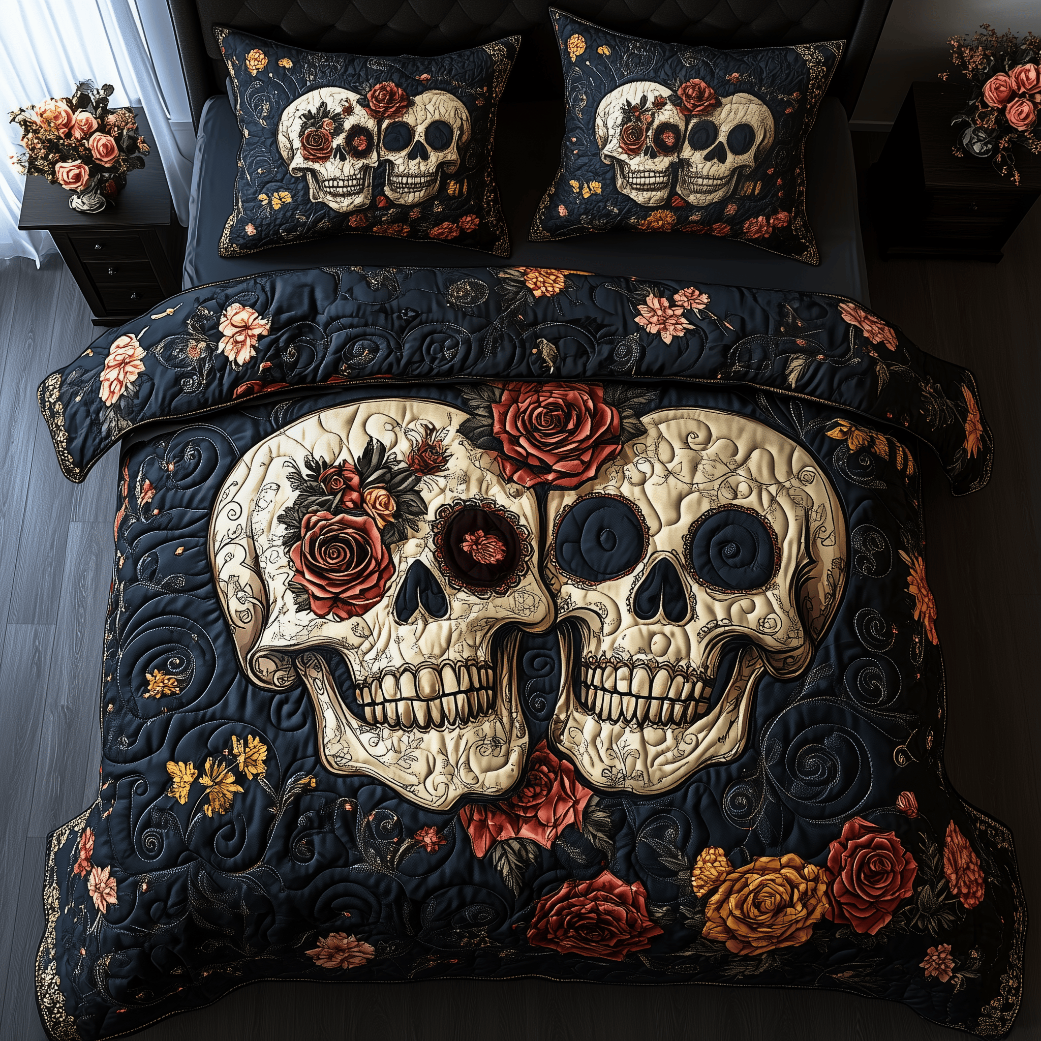 Vintage Floral Skull Couple Quilted Bedding Set Best Mothers Day Duvet Cover Set Gifts For Skull Lovers