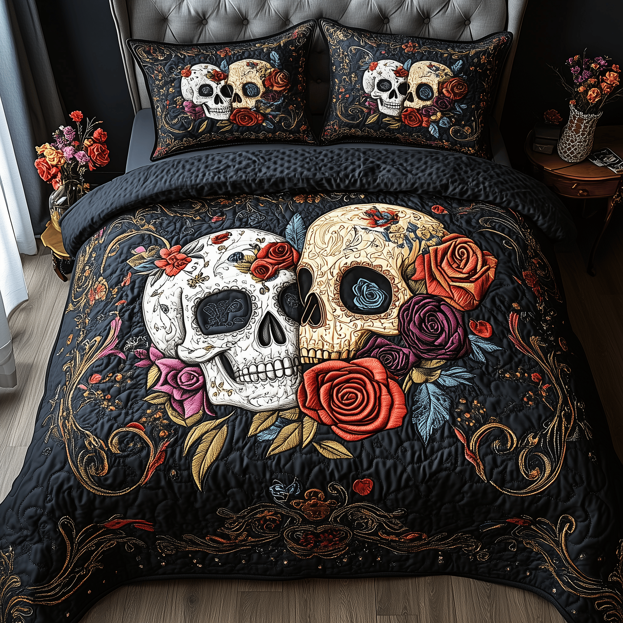 Vintage Floral Skull Couple Quilted Bedding Set Best Mothers Day Duvet Cover Set Skull Gifts For Him