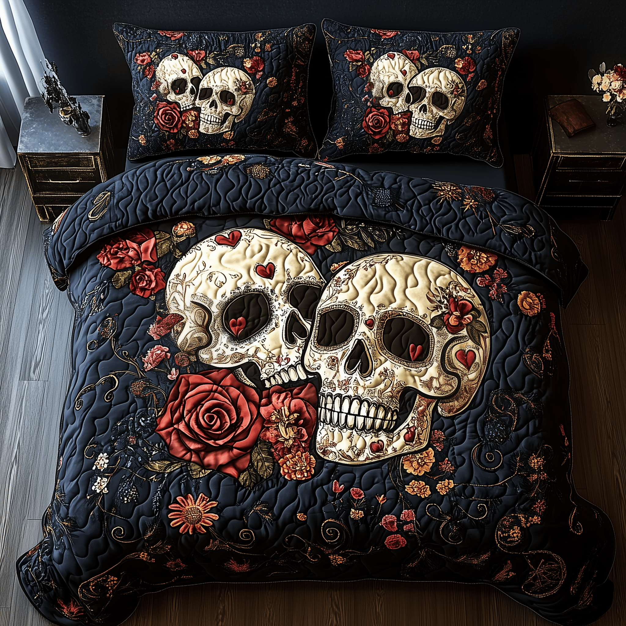 Vintage Floral Skull Couple Quilted Bedding Set Best Mothers Day Duvet Cover Set Skull Presents For Her
