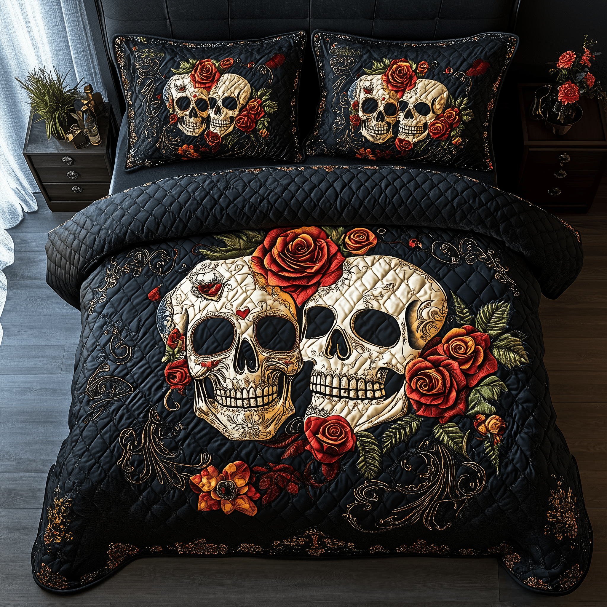 Vintage Floral Skull Couple Quilted Bedding Set Best Mothers Day Duvet Cover Set Skull Themed Gifts