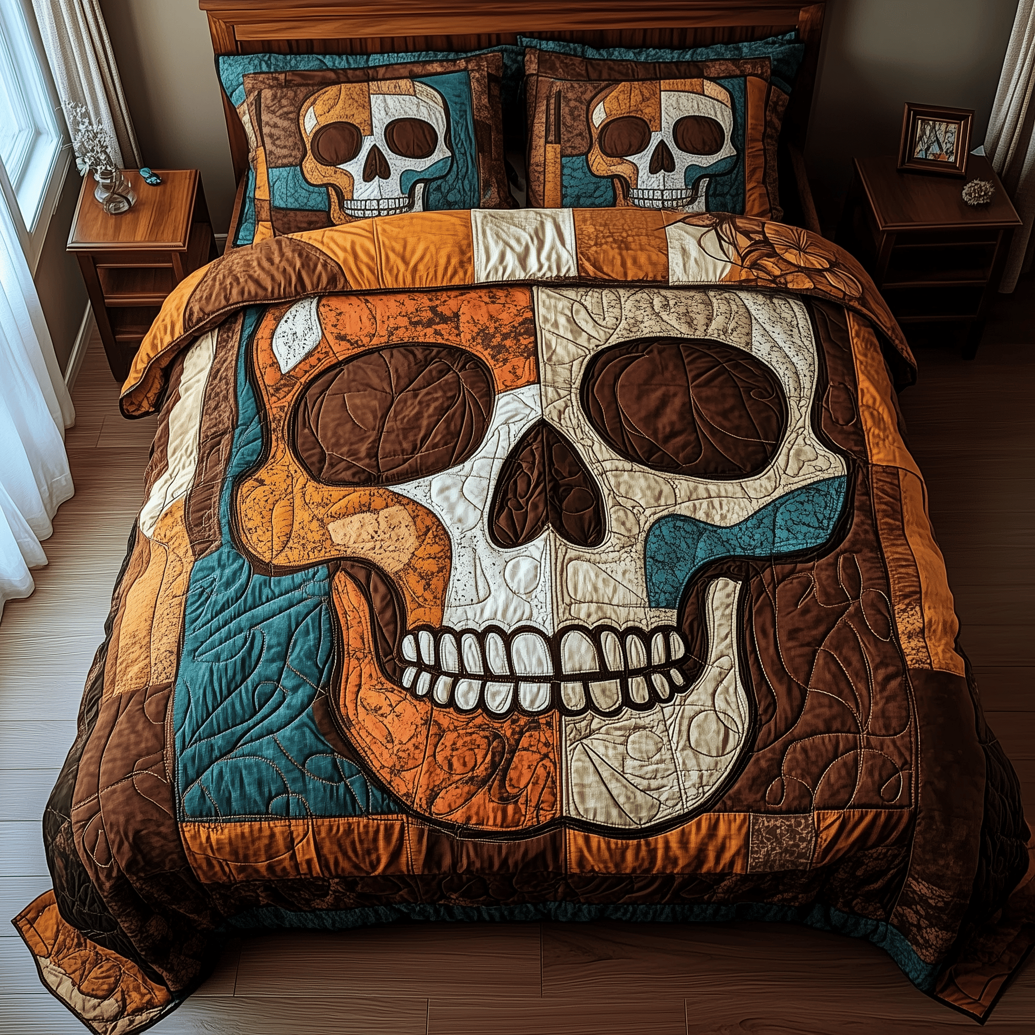 Vintage Skull Quilted Bedding Set Best Father's Day Duvet Cover Set Unique Skull Gifts For Him